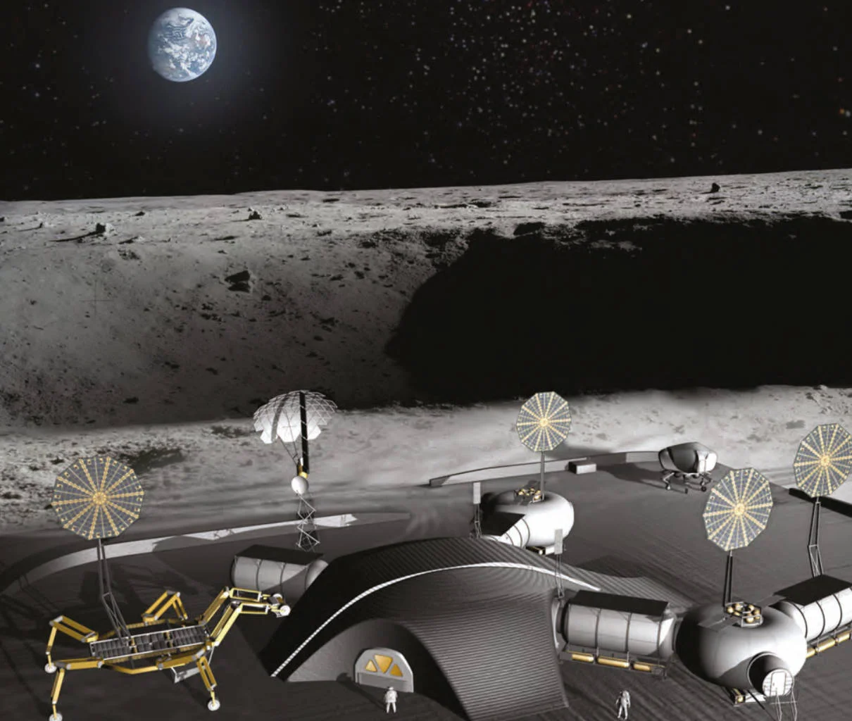 Regolith based materials for insulation around lunar bases can provide a large temperature protection because lunar regolith is a good insulator with low thermal conductivity. Temperatures under a meter of regolith hover around -53 C, which is much warmer and more consistent than the surface temperature. This concept shows the SinterHab being constructed from a large 3D printer mounted on an ATHLETE rover. Credit: Howe et al. 2013, Figure 26.