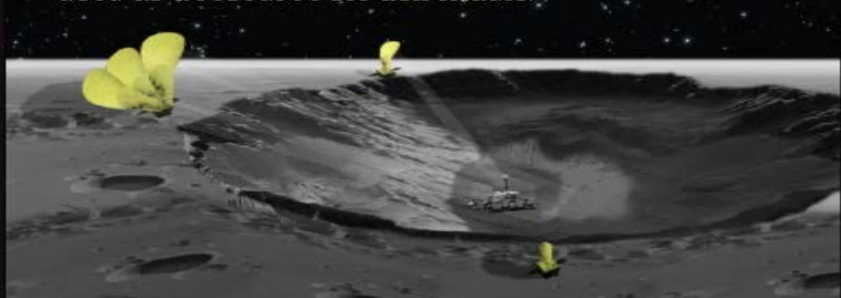 Illustration of the TransFormers concept of beaming sunlight down into permanently shadowed regions (PSRs). Large heliostats on the crater rim track the sun, and beam the power down to rovers within the PSR. Systems like this allow non-nuclear systems to survive the extreme cold within PSRs. Credit: Stoica et al. 2017, Figure 1.6.