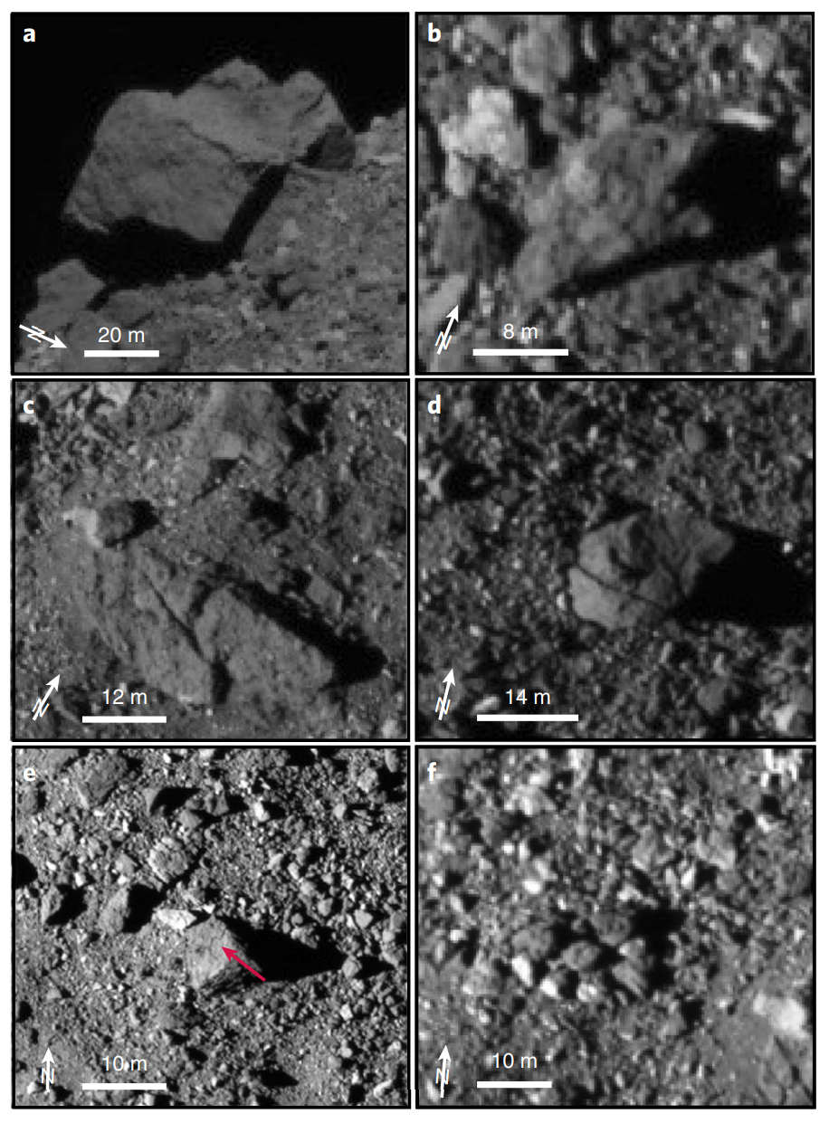 The surface of Bennu contains many large boulders. One large boulder (a) has a diameter of about 56 m and a height over the surrounding area of 20 m. These boulders will be a hazard for OSIRIS-REx’s sample collection landing. Similar features were also seen on asteroid Ryugu and Itokawa. Credit: Walsh et al., 2019, Figure 1.
