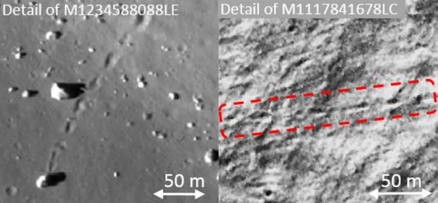 Boulder tracks on the Moon. The left image is in Aristarchus (highland slope) and the right image is near Schrödinger (PSR). Regolith bearing strength can be inferred from the shape of boulder tracks. Credit: Sargeant et al., 2019, Figure 2.