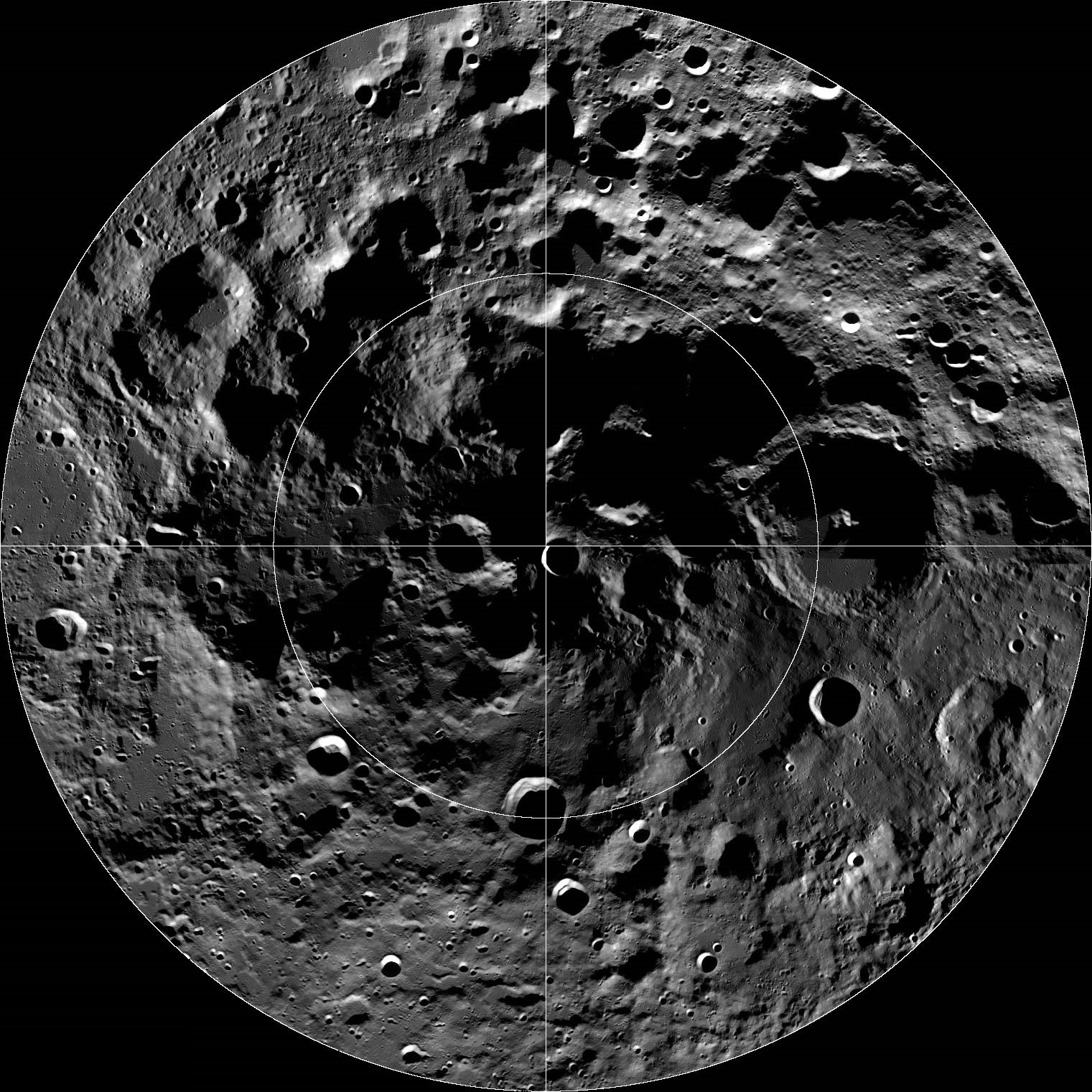 LROC Wide Angle Camera (WAC) mosaic of the lunar South Pole region; about 600 km width. Credit: NASA/GSFC/Arizona State University.