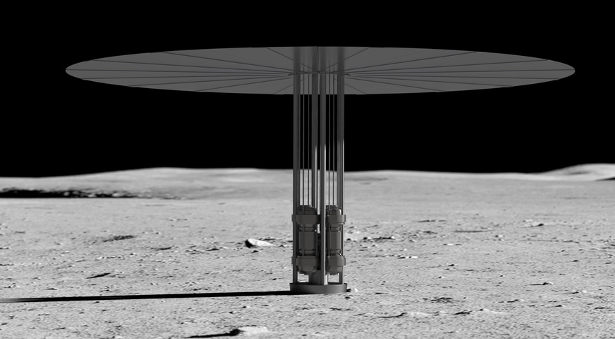 An artists depiction of Kilopower, a space based nuclear fission power system, on the Moon. Credit: NASA.