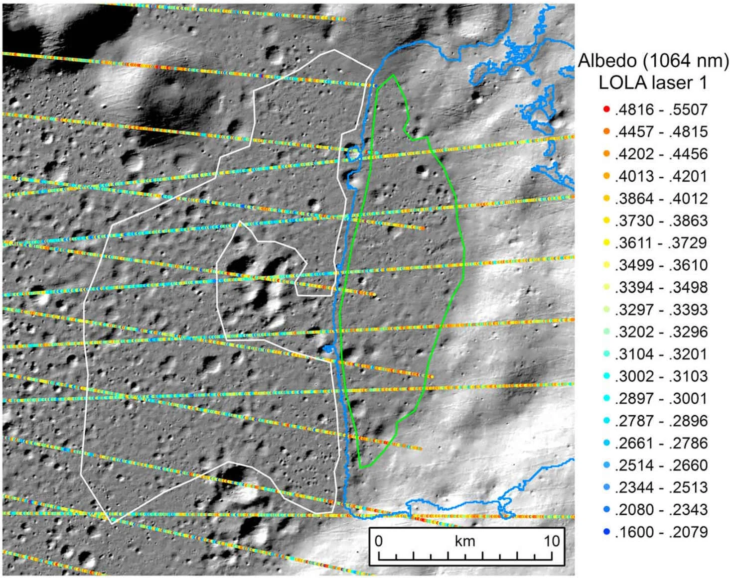 Measurements from LOLA combine to show changes in terrain reflectance. The LOLA tracks increase in reflectance as they pass over the flat PSR (green polygon), and decrease reflectance over the adjacent non-PSR (white polygon). Credit: Qiao et al., 2019, Figure 2.