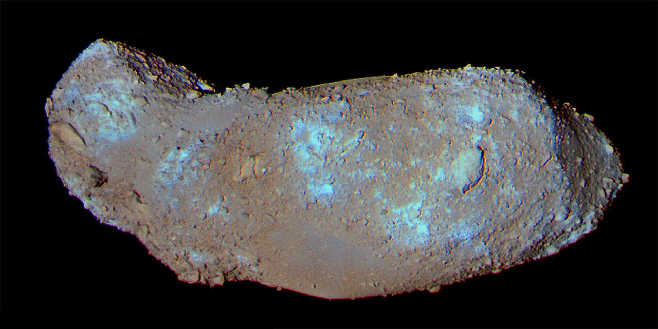 The JAXA Hayabusa sample-return mission brought back material from the S-type asteroid Itokawa. The samples were collected from the smooth patch in the middle of the two lobes. Scientists from ASU found direct evidence of high concentrations of water within the samples. Credit: JAXA.
