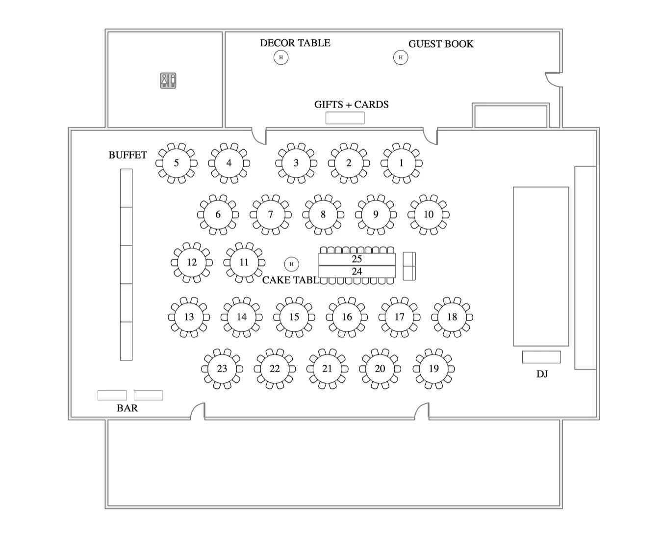 WEDDING ROOM LAYOUT FOR 250 WITH HARVEST HEAD TABLE