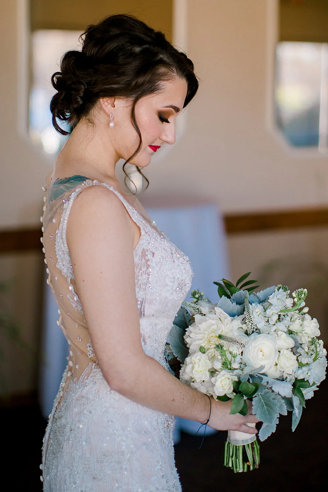 Royal Cliff Eagan Wedding Banquet Hall, dusty miller white bouquet bride with tattoos photo by Rachel Graff Photography