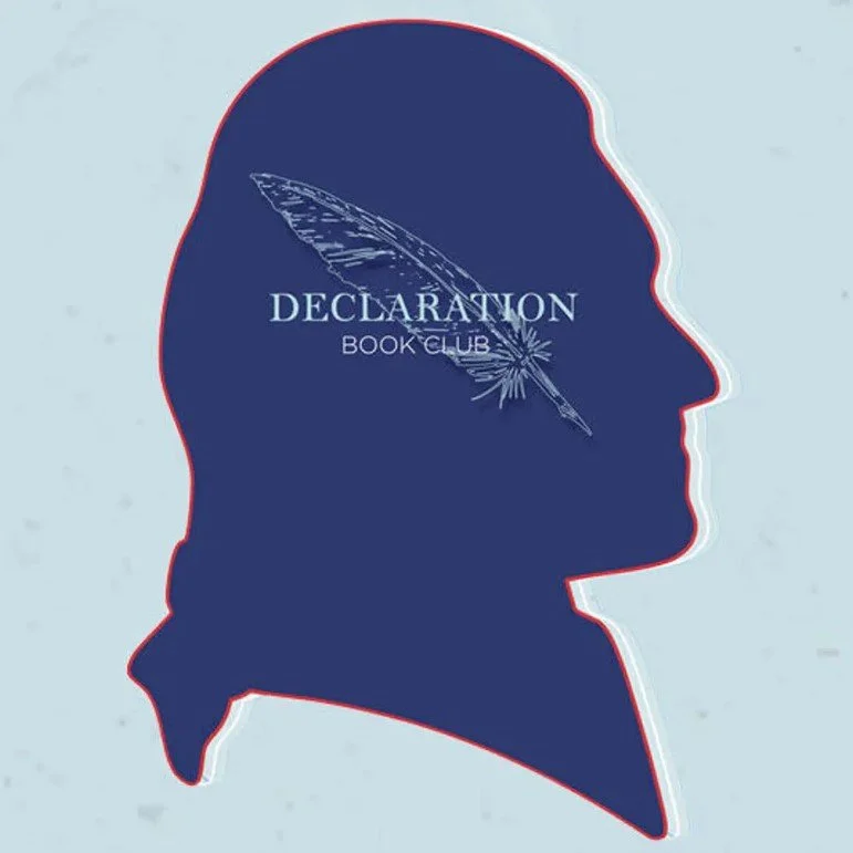 A silhouette of Thomas Jefferson in blue with Declaration Book Club and a quill inside
