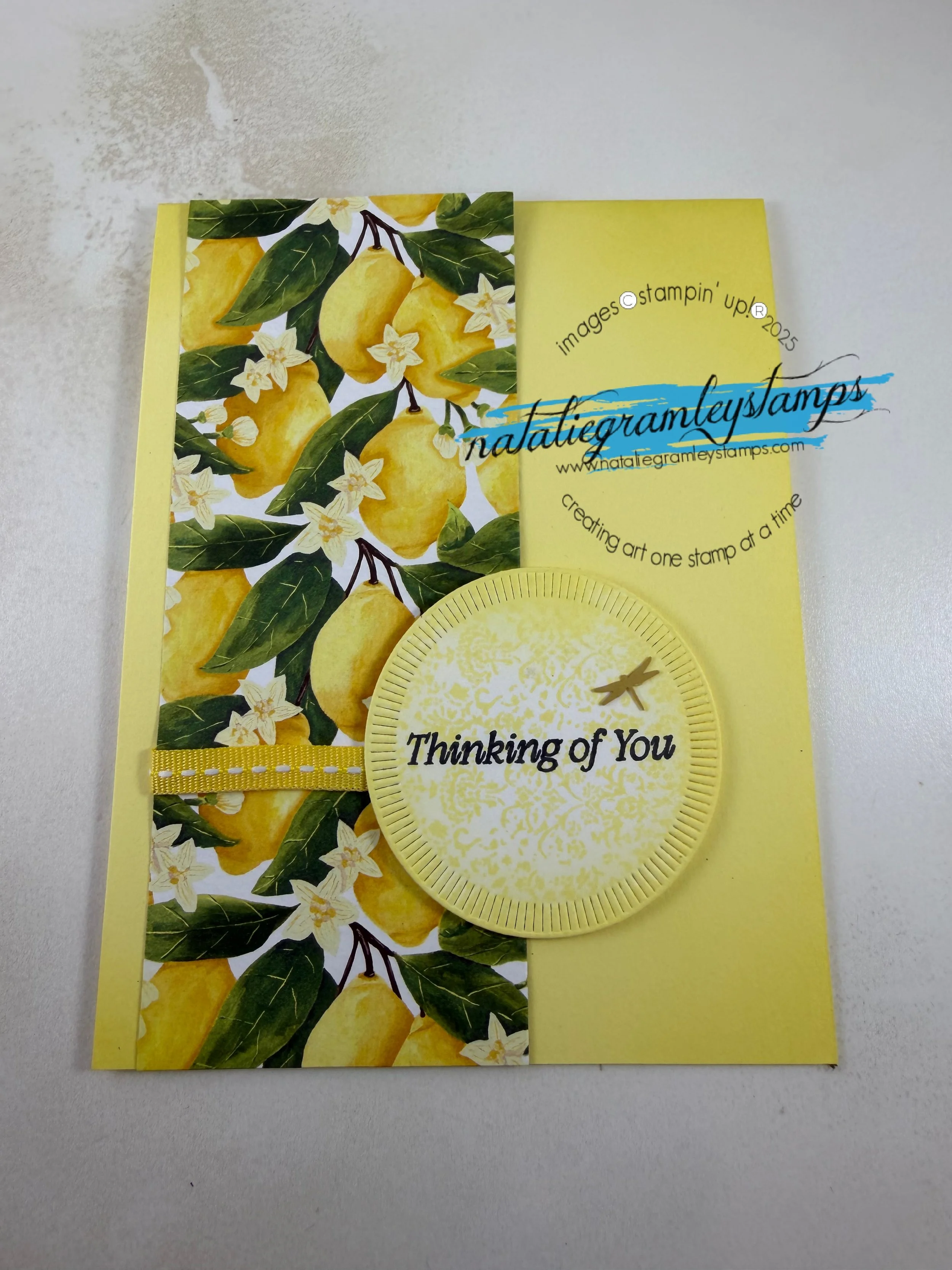Yellow greeting card with lemons says Thinking Of You