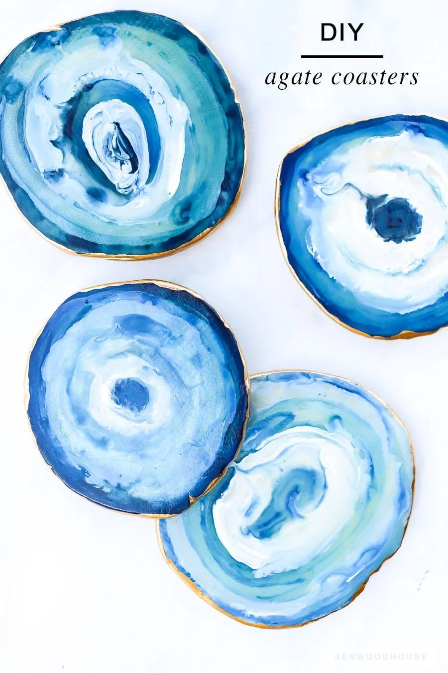Blue and white coasters that look like agate slices.