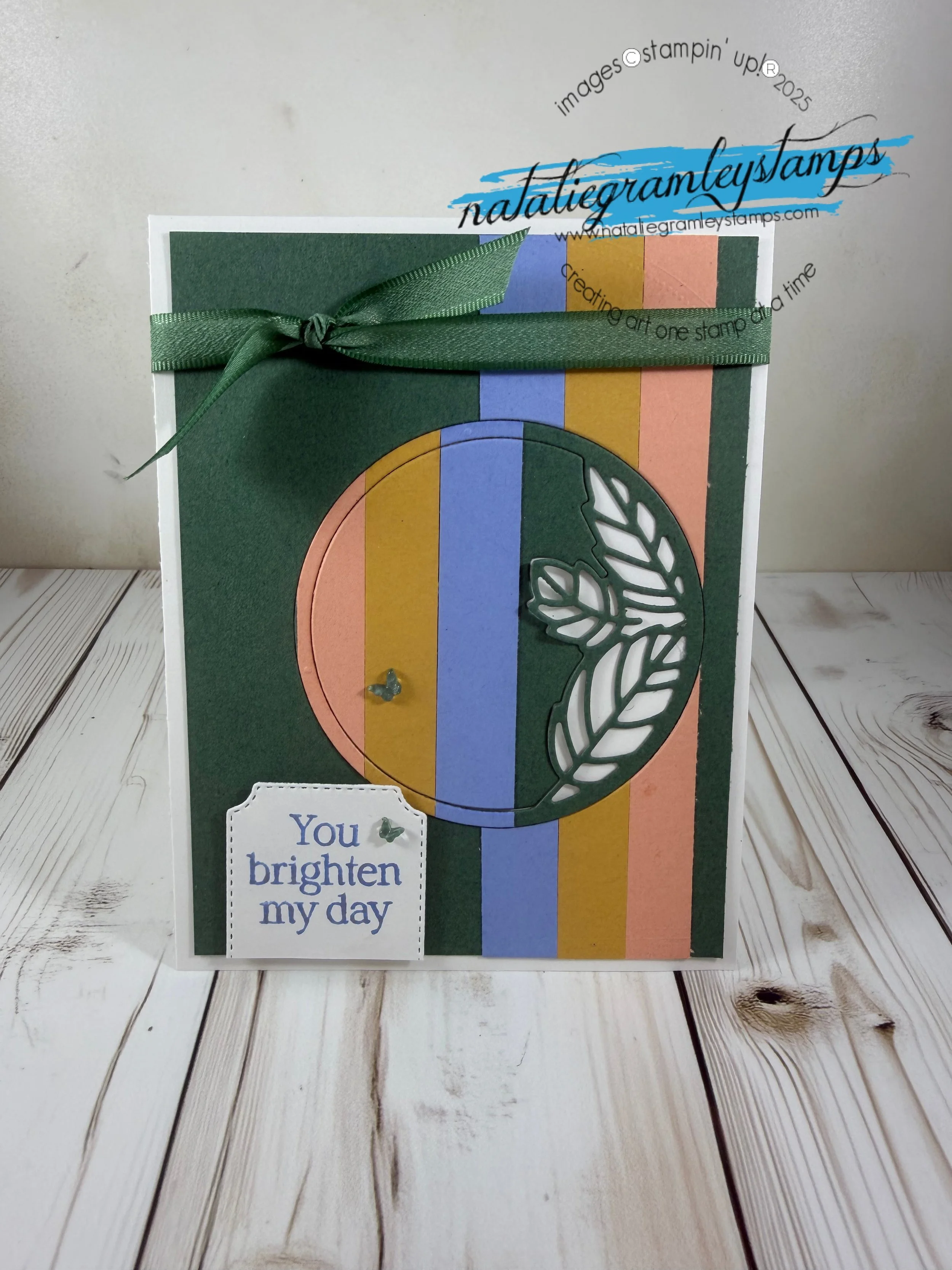 Greeting card that reads You Brighten my day with a circle cutout and stripes