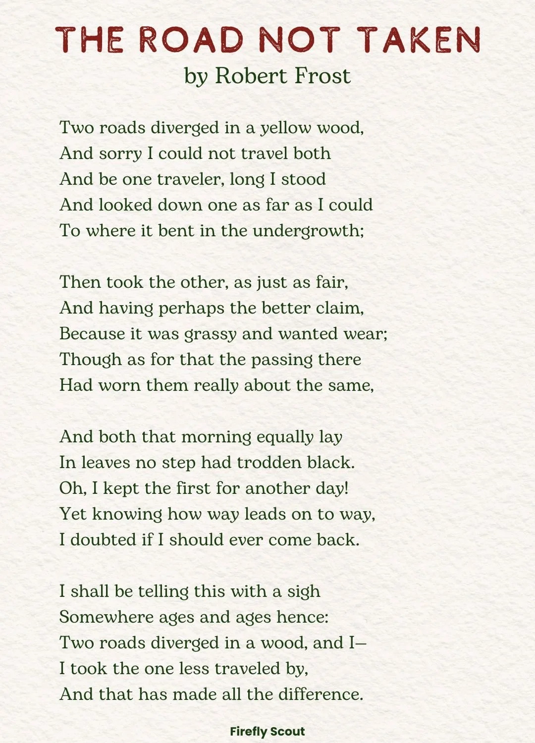 Road Not Taken Poem by Robert Frost text over textured paper background
