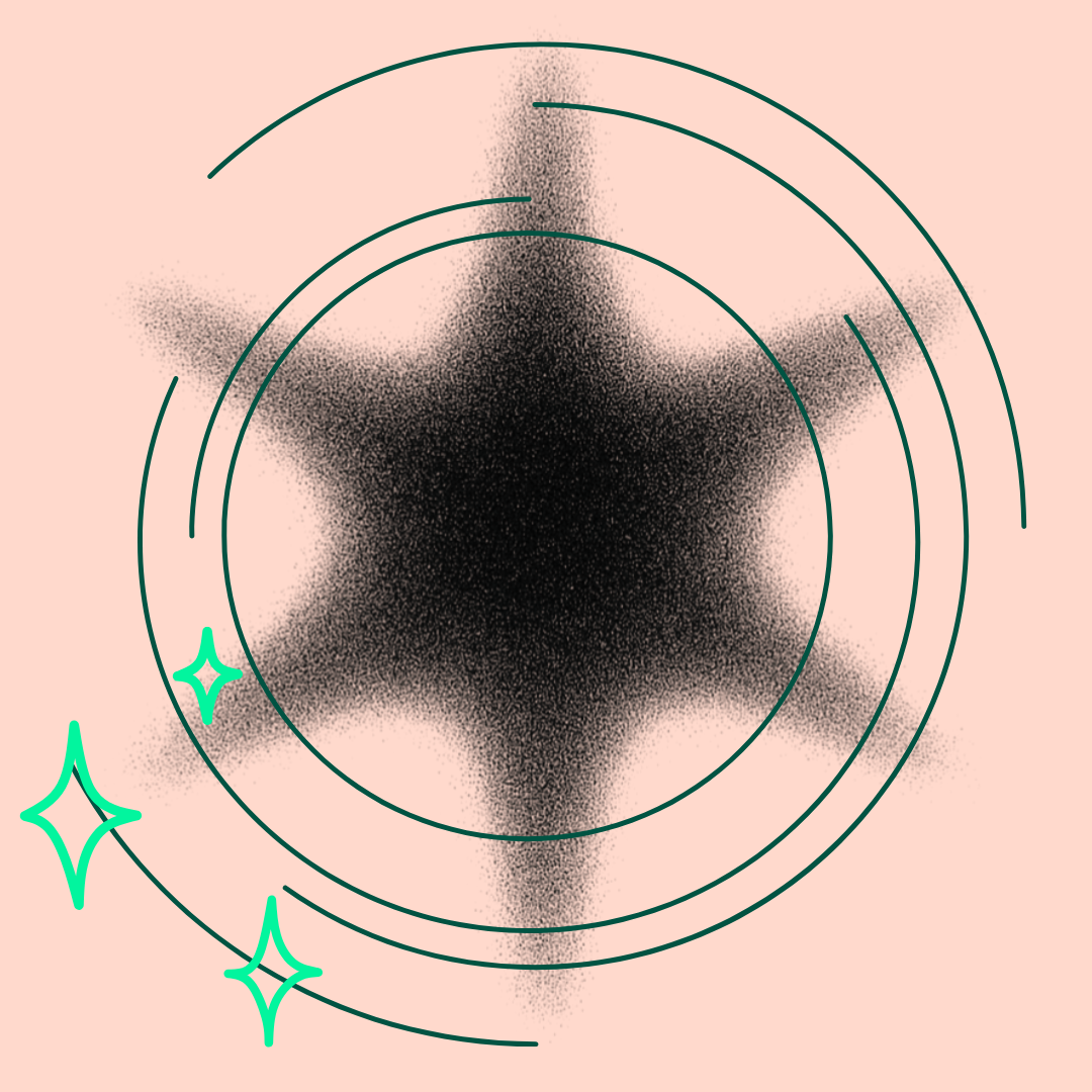 Abstract artistic design with a large black star shape, pink background, green circular and star-like line accents, and sparkles.