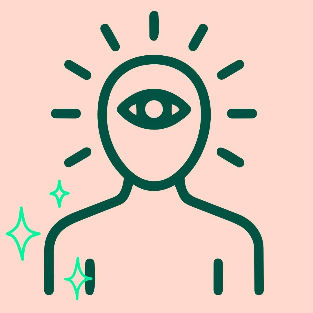 Outline of upper body with third eye wisdom and radiating lines on light pink background