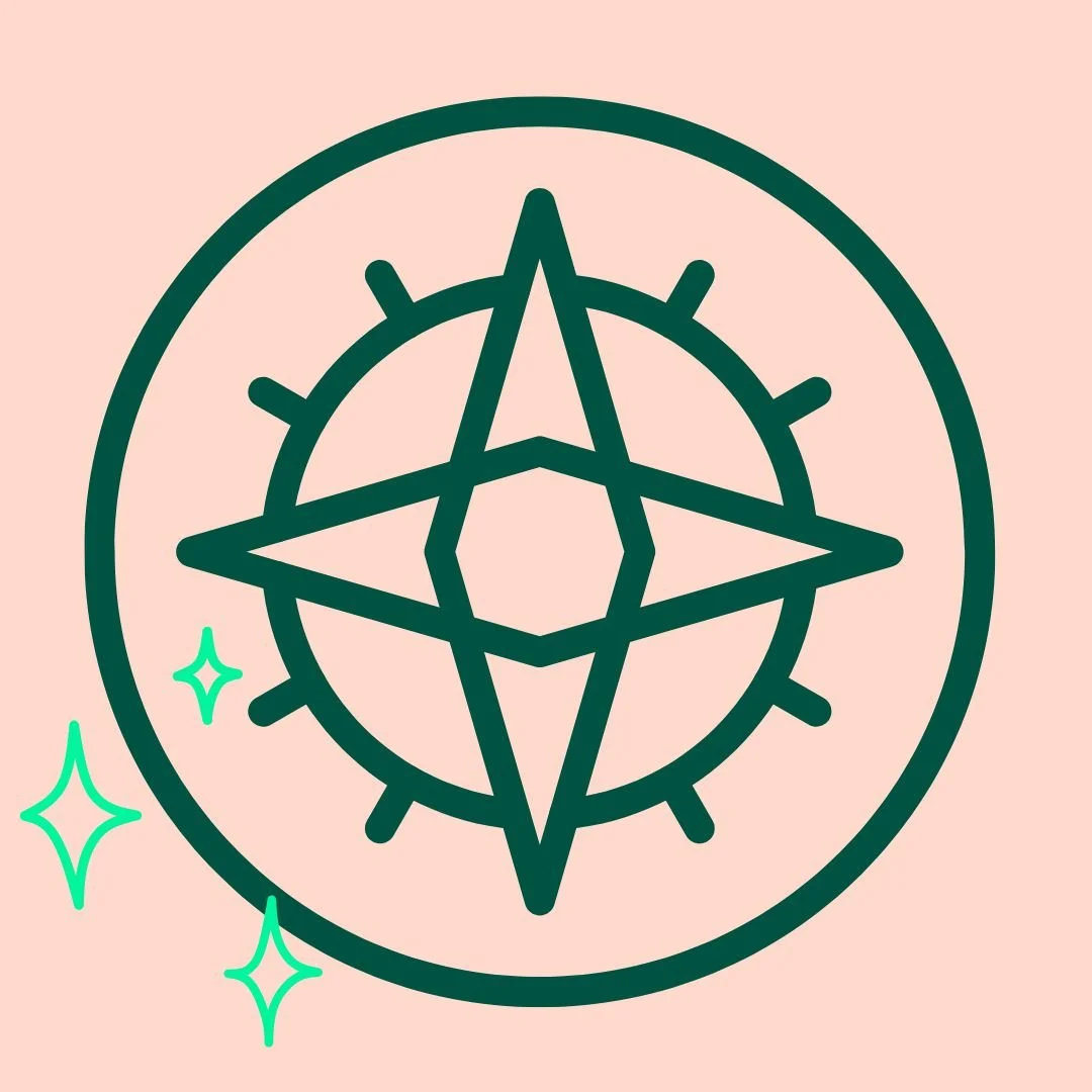 Stylized star and compass design with sparkle accents on a pink background.