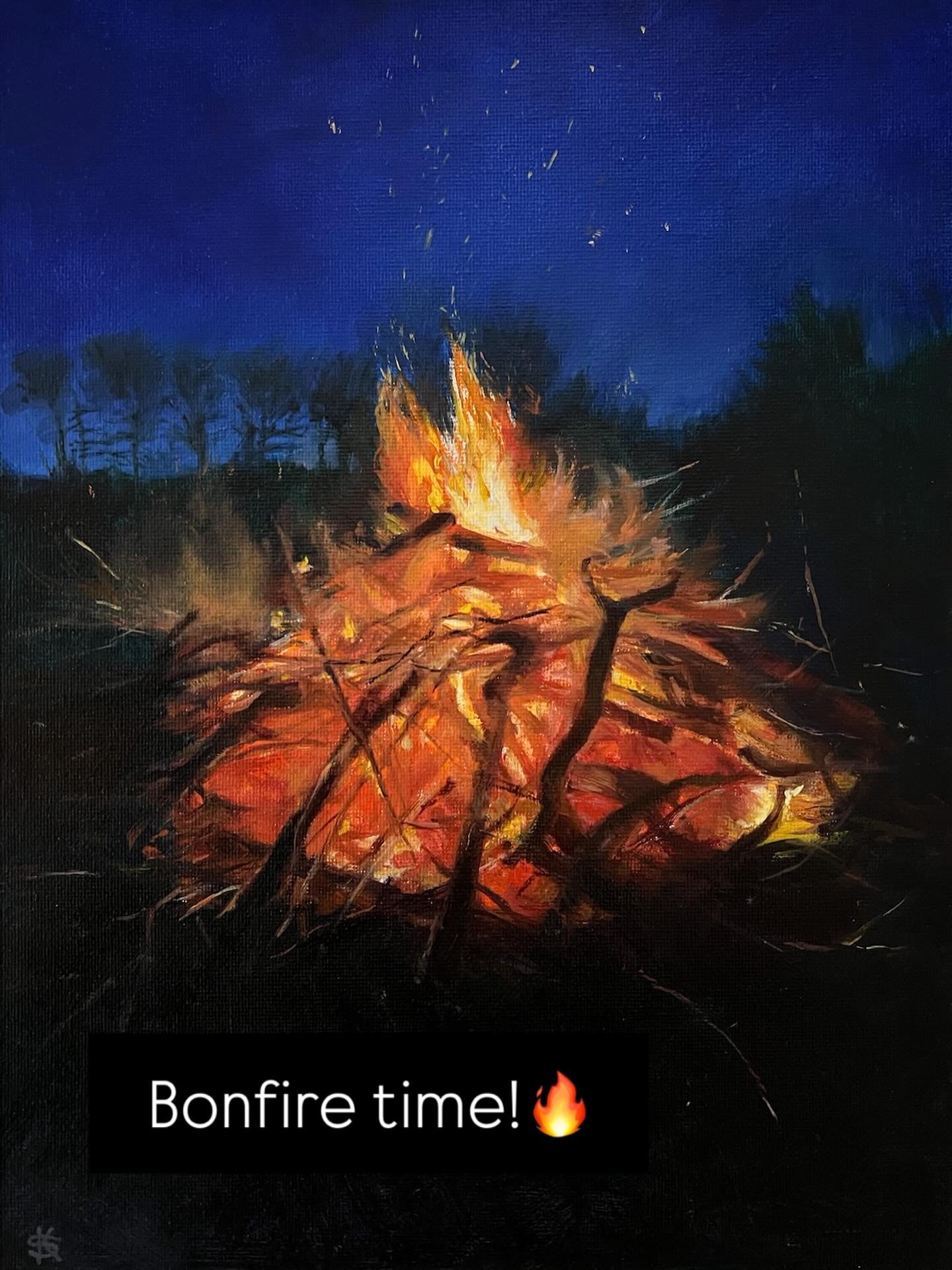 The fascination of creating and managing a bonfire with all the trimmed branches and cleaning up of the land, is a season marker.
This burned last Autumn, keeping us warm as we raked the edges in, waiting for it to die down. 
I made a few small oil p