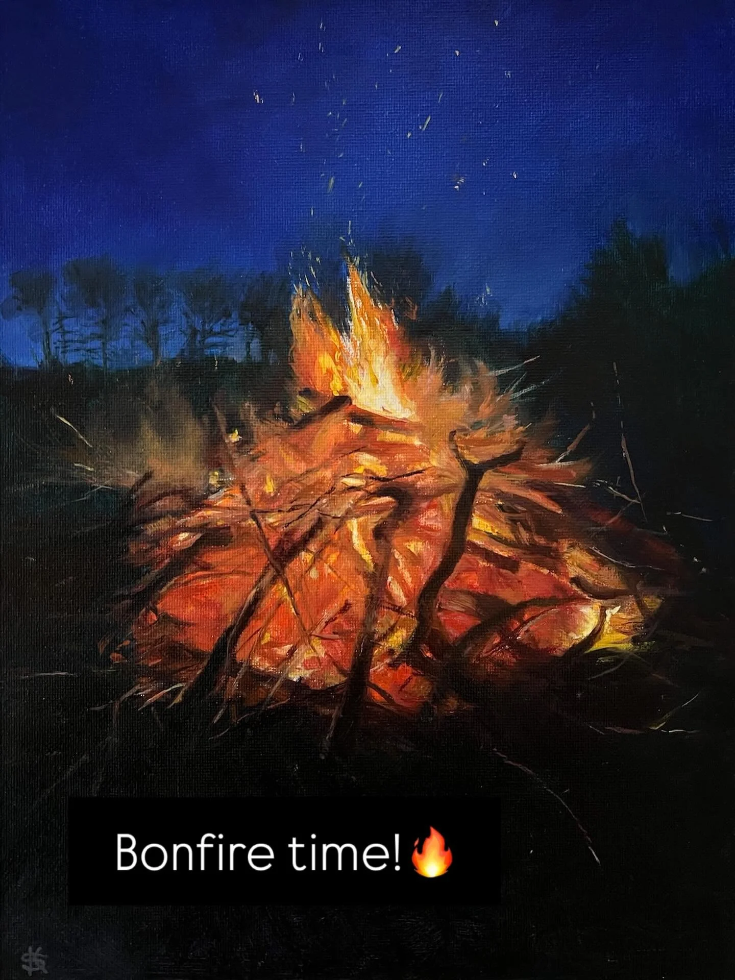 The fascination of creating and managing a bonfire with all the trimmed branches and cleaning up of the land, is a season marker.
This burned last Autumn, keeping us warm as we raked the edges in, waiting for it to die down. 
I made a few small oil p