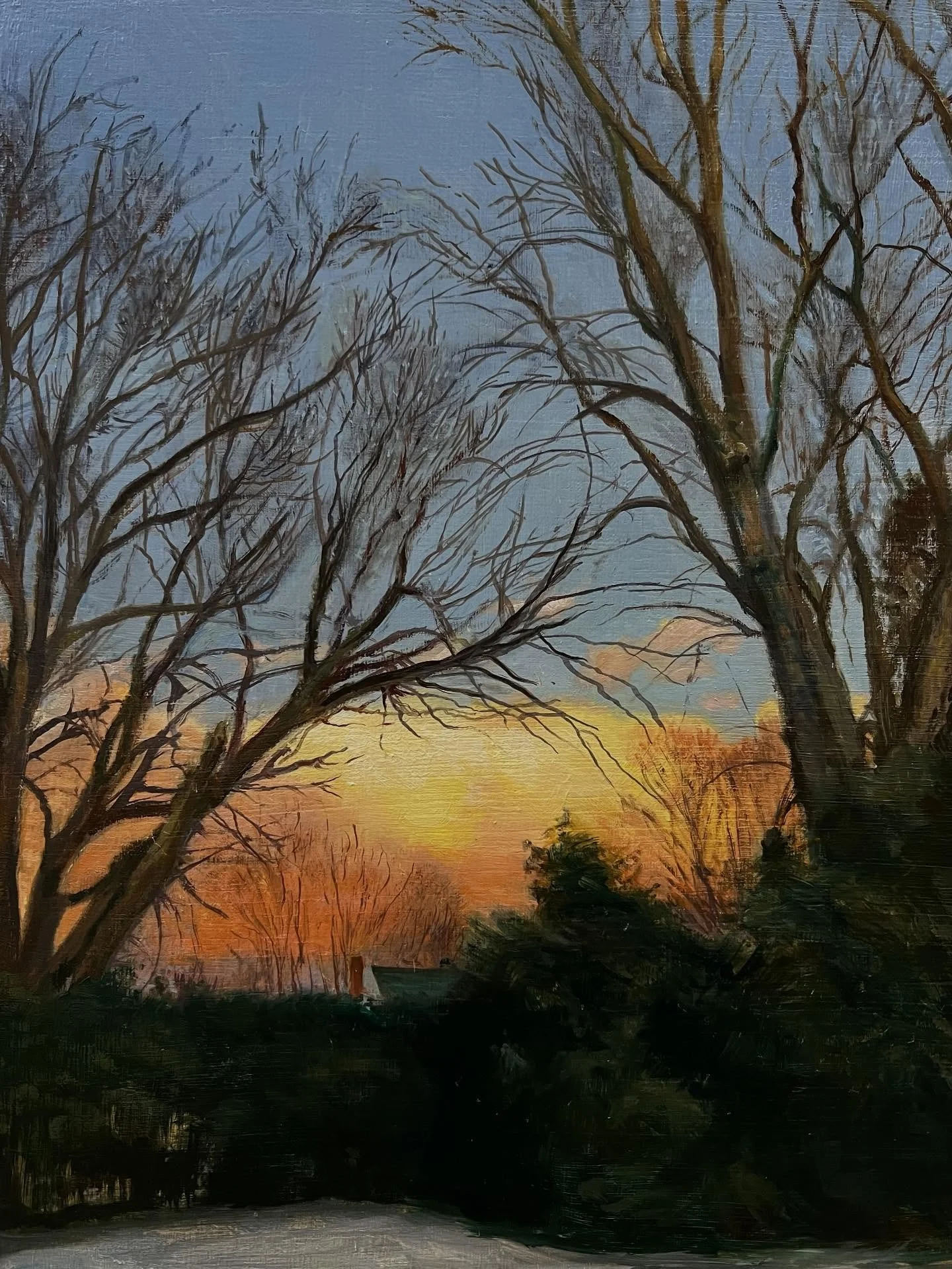 On the easel
Almost done&hellip;the season is drawing to a close and bringing another mood to the landscape. 
Oil on board 
12x9&rdquo;