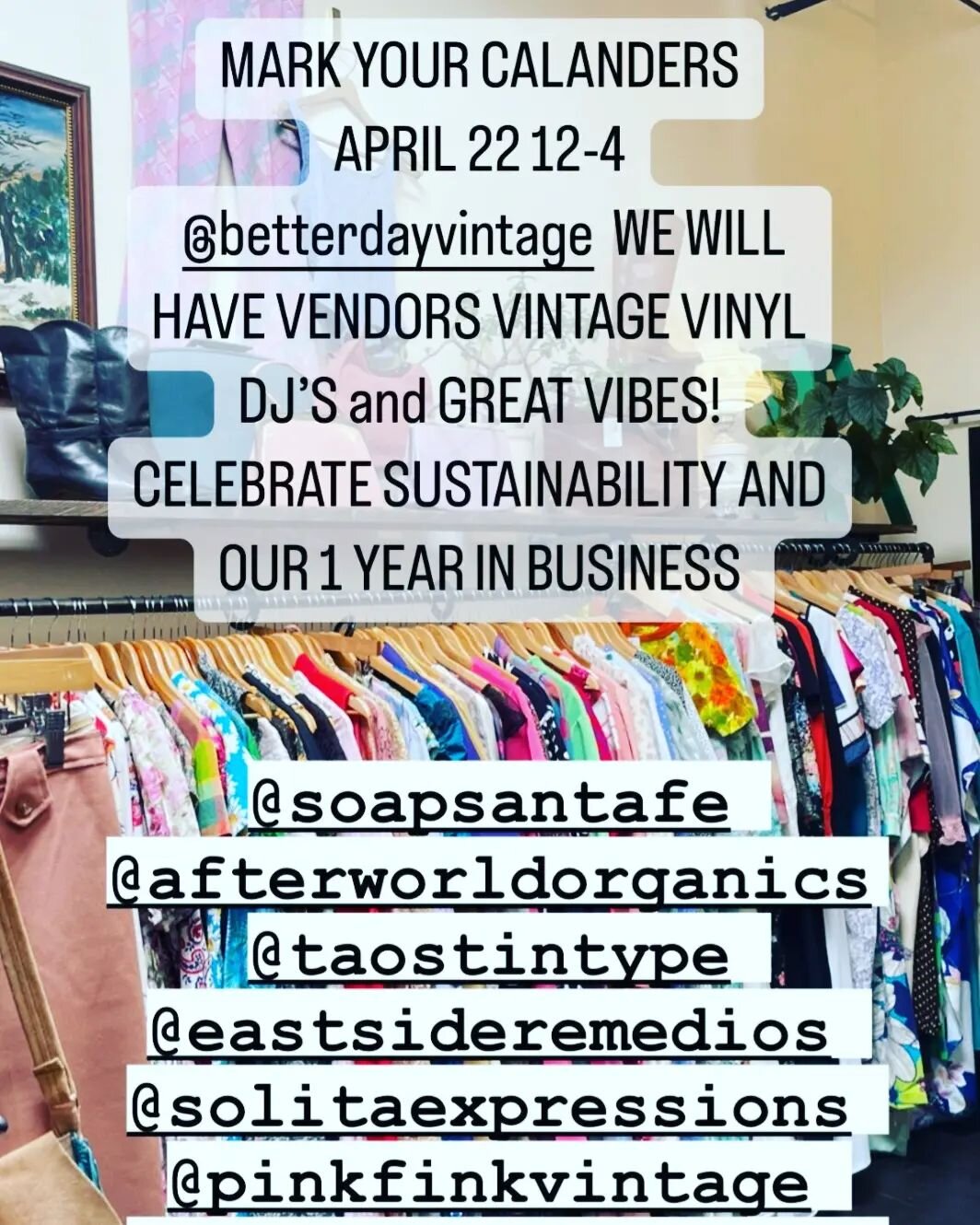 New Mexico friends,  join us at Betterday Vintage for thier Earth Day community pop-up! Lots of local vendors with used clothes, records, product re-fill stations, medicinal herbs, food and fun! Thanks Angela for inviting us! Ilocation: in front of t