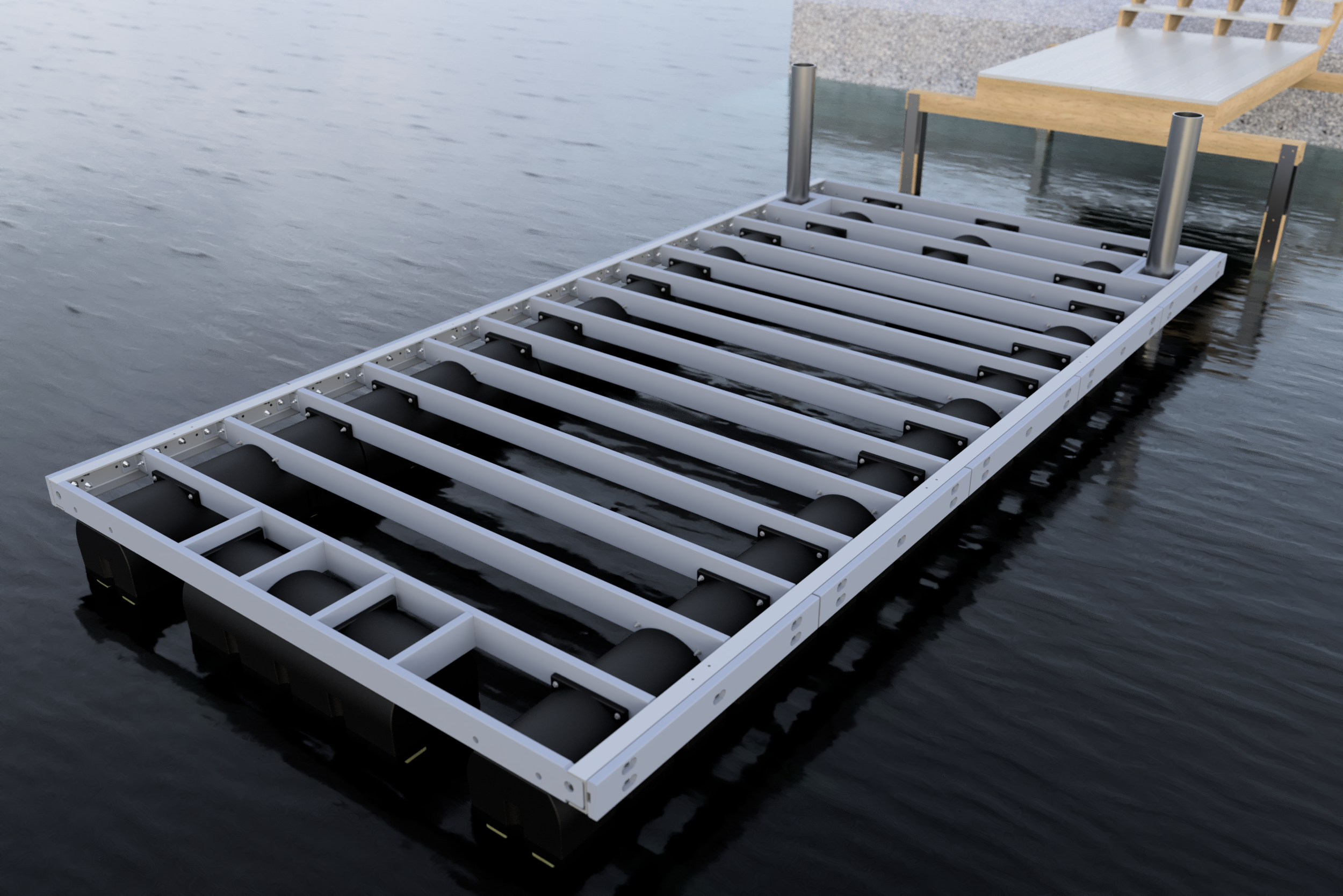 A floating dock showing the framing structure using Sturdy Set pre-machined framework and sturdy set flotation modules, attached to a wooden pier.