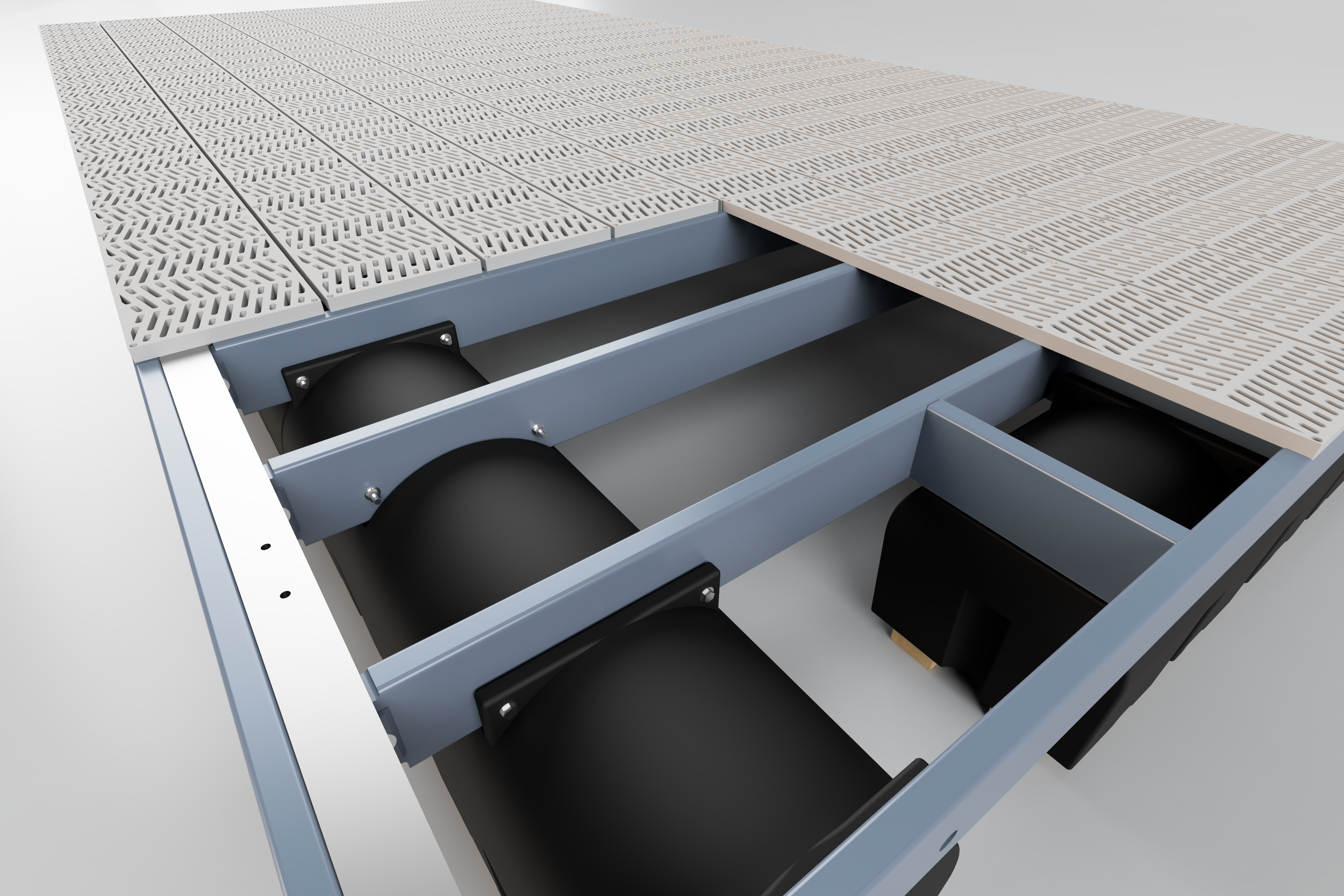 Close-Up of a corner of a dock made with sturdy set pre-machined framework using polyethylene plastic lumber and a galvanized steel rim joist. Sturdy Set Flotation modules are under the dock and the polyethylene joists are pocketed into them.