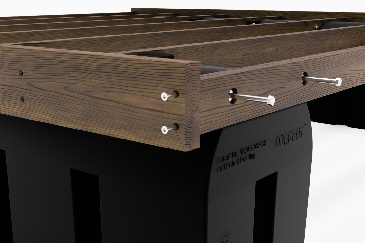 Close-up of a corner of a dock made with Sturdy Set Flotation Modules show pre-drilled and countersunk fastener locations/