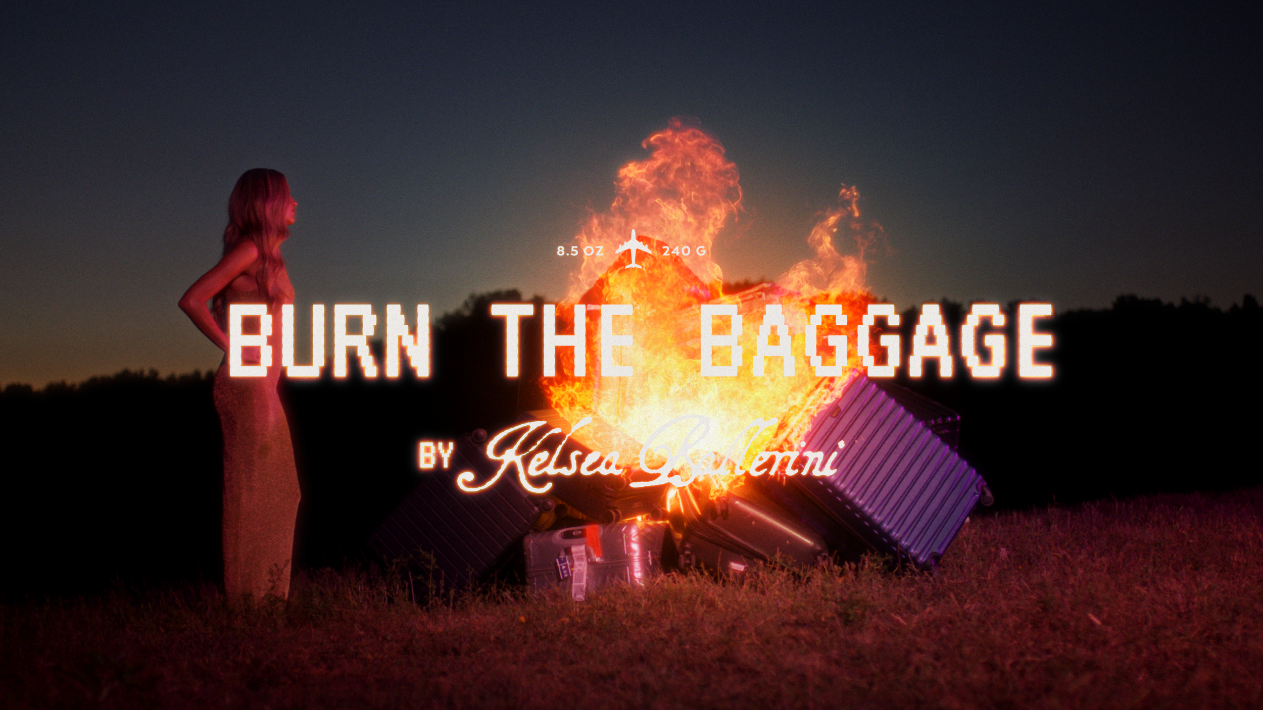 Kelsea Ballerini standing in front of pile of burning suitcase and baggages for her luxury candle campaign