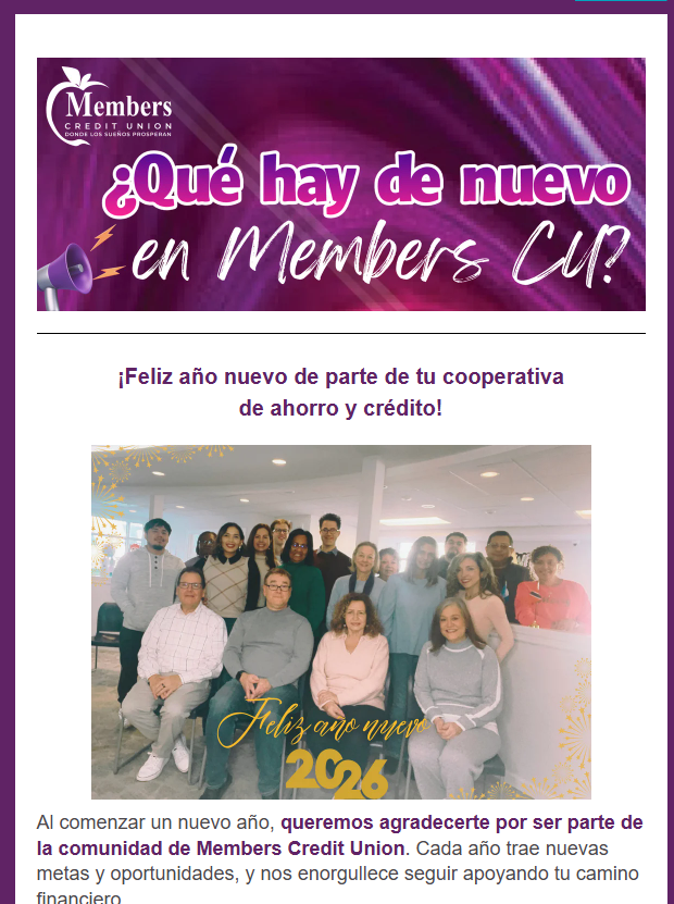 Photo of MCU Staff and Board Members and Newsletter heading saying ¿Qué hay de nuevo en Members CU?