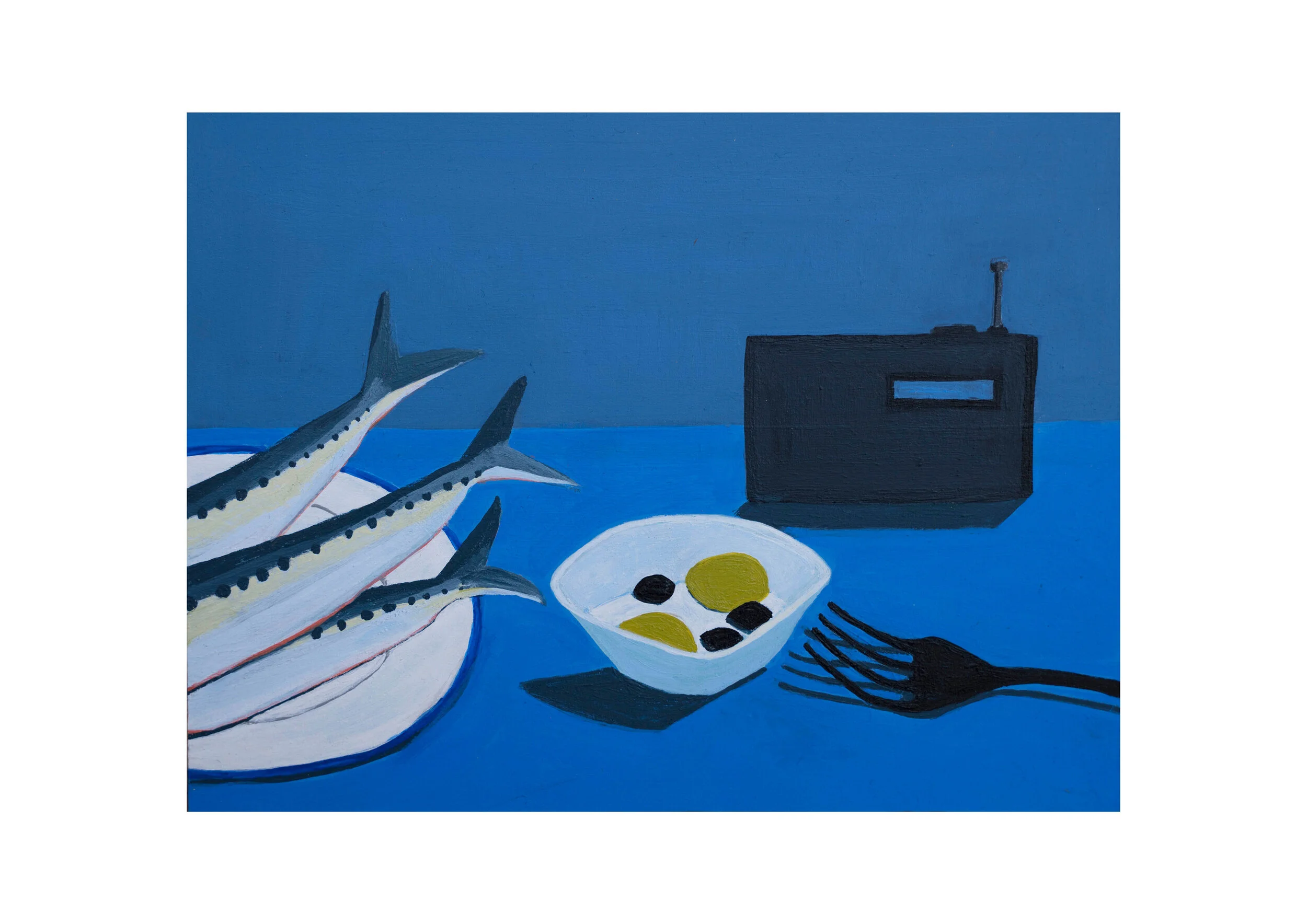    Jessica Wraight, Sardines, Olives &amp; Radio, acrylic on board,  15 x 20cm, 2020 