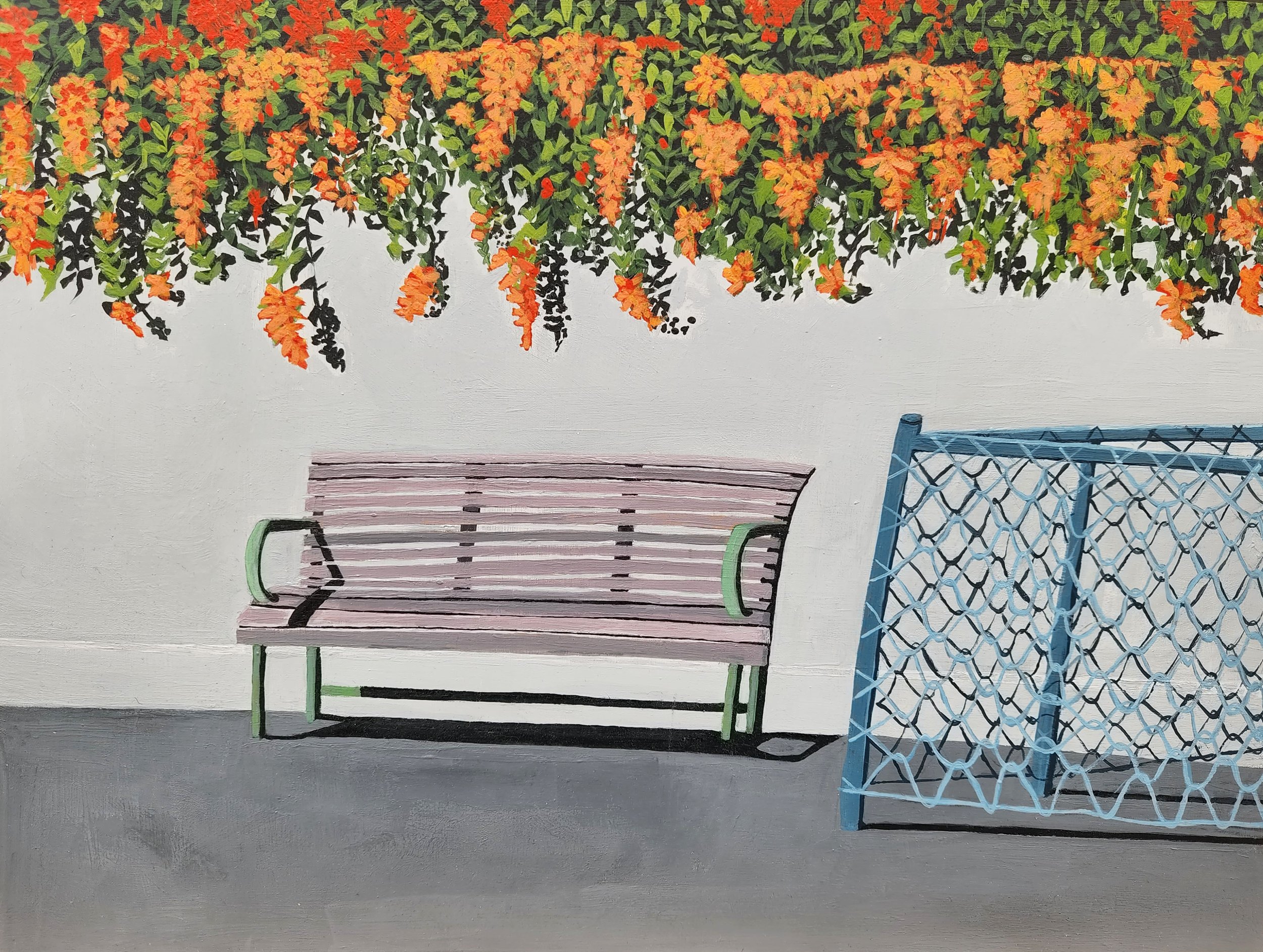  Jessica Wraight, Park Bench and Orange Trumpet Vine, acrylic on board, 30 x 40cm, 2021 