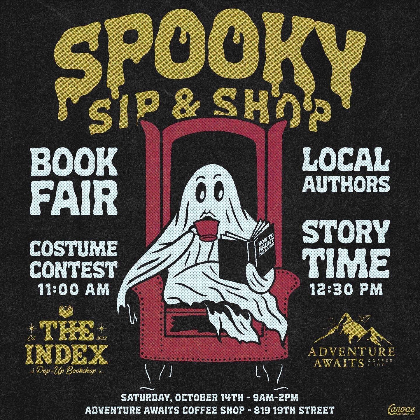 Spooky season is upon us! 👻 📖 
Here&rsquo;s a graphic we designed for @theindexbooks &amp; @adventureawaits_coffeeshop Spooky Sip and Shop event!
This little ghost was a lot of fun to illustrate. Definitely our favorite style to draw. 
Hire us for 