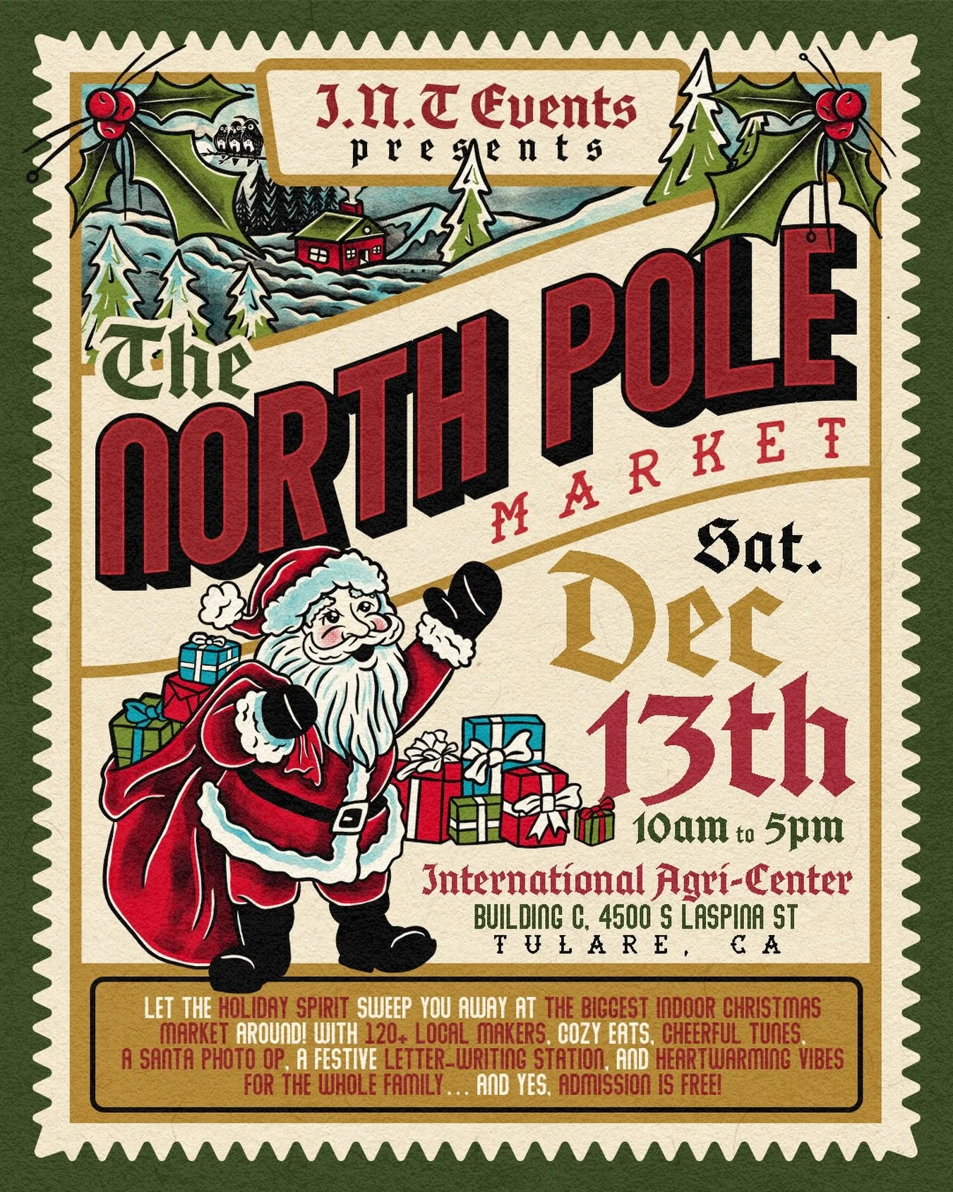 Popping up shop again next weekend at The North Pole Market at the International Agri-Center in Tulare Ca! 🎄
Presented by @itsaneighborhoodthing!
.
Here&rsquo;s the poster I designed for the event! Come hang, say hi and check out all merch in the bo