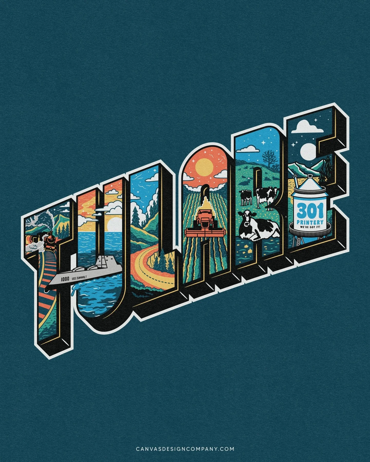 &ldquo;Tulare&rdquo; Type Mural for @301printery 🚂 🏔️ 
Gotten to do a handful of these postcard style typework illustrations, but this one was the most detailed to date. Every letter has its own story to tell. Loved designing this! 
.
Canvasdesignc