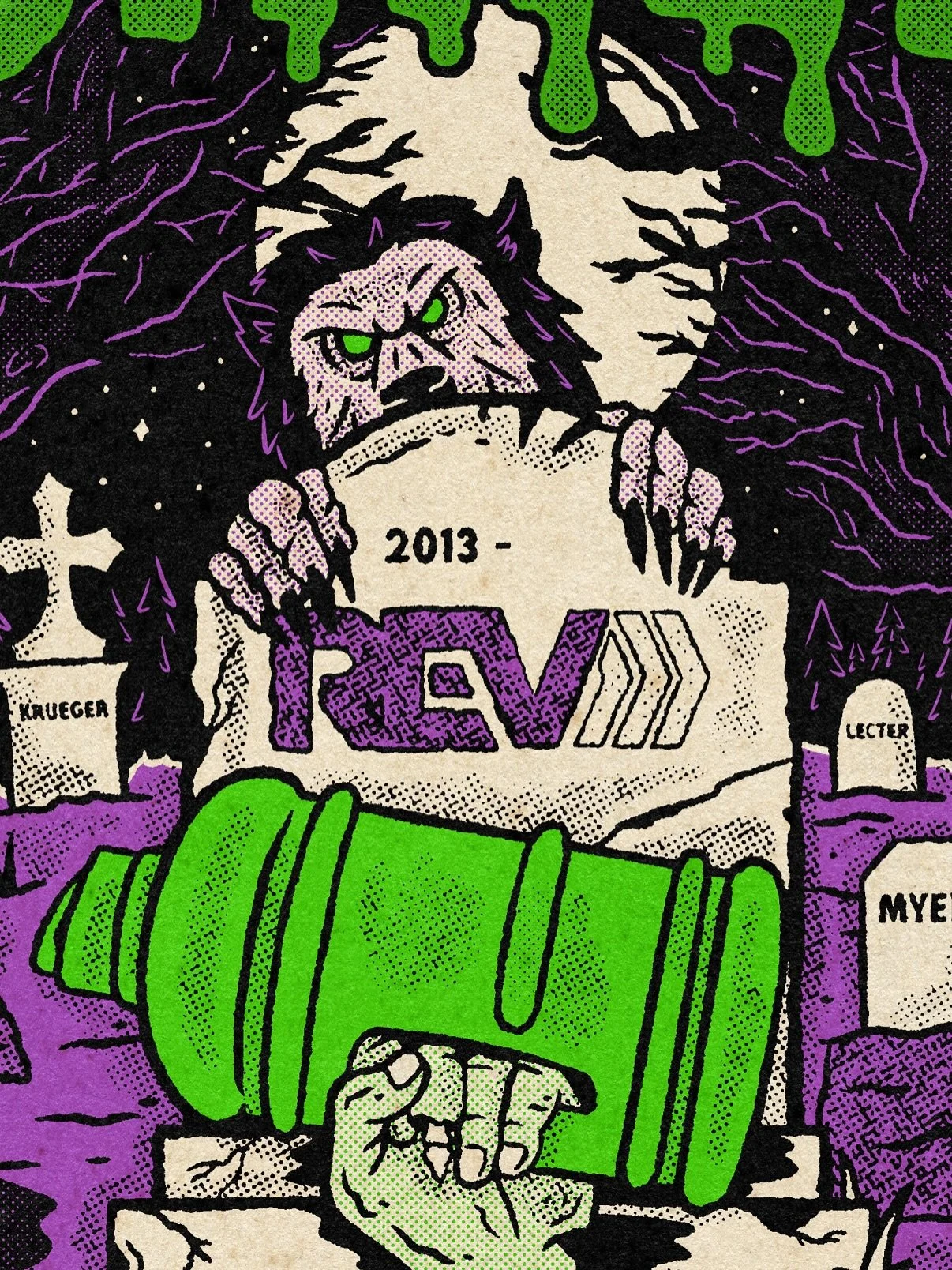 Bark at the Moon! 🌕 
Here&rsquo;s a spooky tee graphic for @revnutritionstores from a few years ago. Love the graveyard horror easter eggs we got to add in here 🪦 
#revnutrition #halloween #graphictees #spooky #illustration #canvasdesigncompany