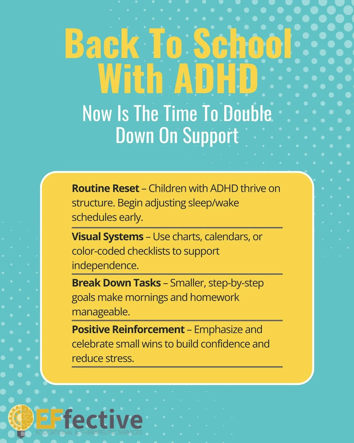 The start of a new school year brings excitement but for children with ADHD, the transition can also feel overwhelming. New classrooms, new routines, and new expectations can create added stress for both kids and parents. Email us at info@effective-s