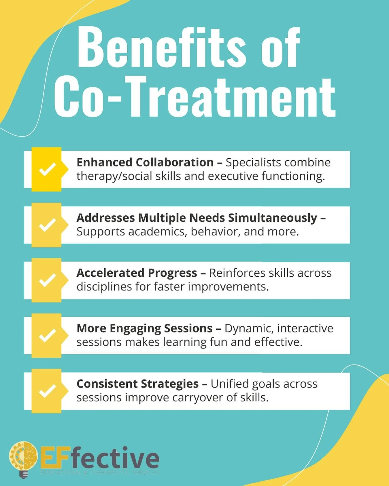 Sometimes, two heads really are better than one, especially when it comes to supporting children. Co-treatment brings together the expertise of two professionals, creating a more dynamic and well-rounded experience for your child. Email us at info@ef