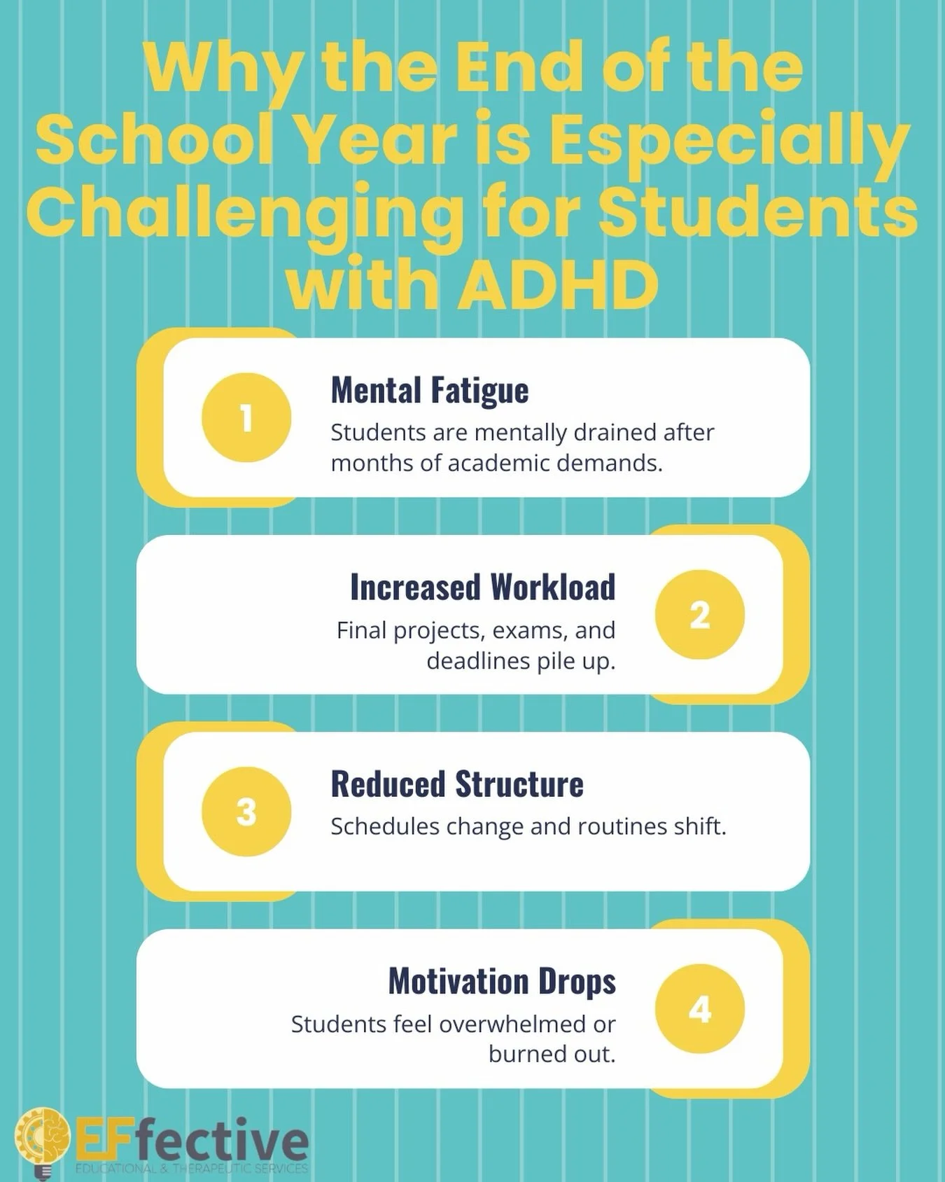 As the school year comes to a close, academic demands often increase while students experience fatigue after months of sustained effort. Final deadlines require strong executive functioning skills.
For students with ADHD, these challenges can become 