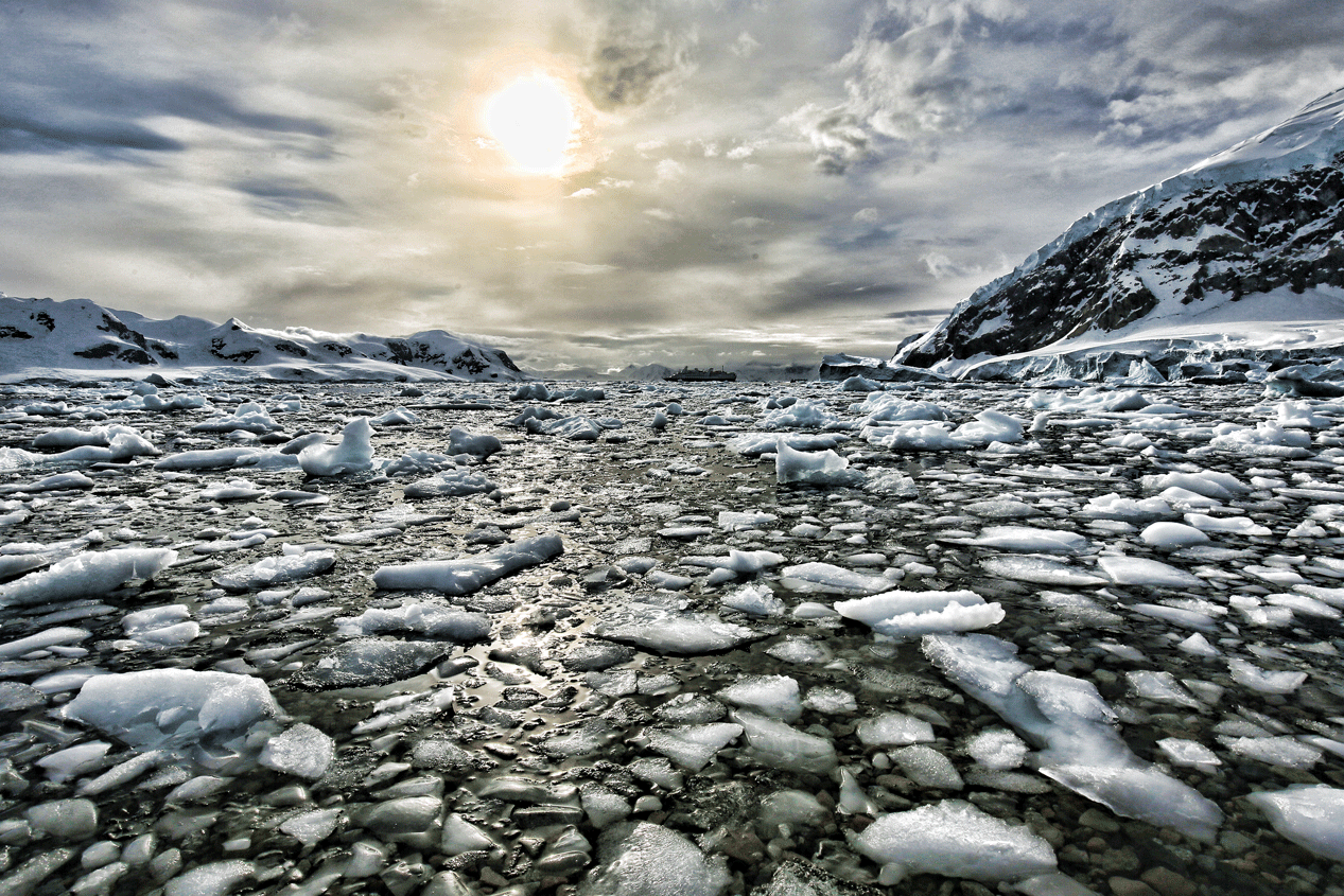 The Silver Explorer (center, distance) surrounded by brash ice from nearby calving glaciers in Neko Harbor.