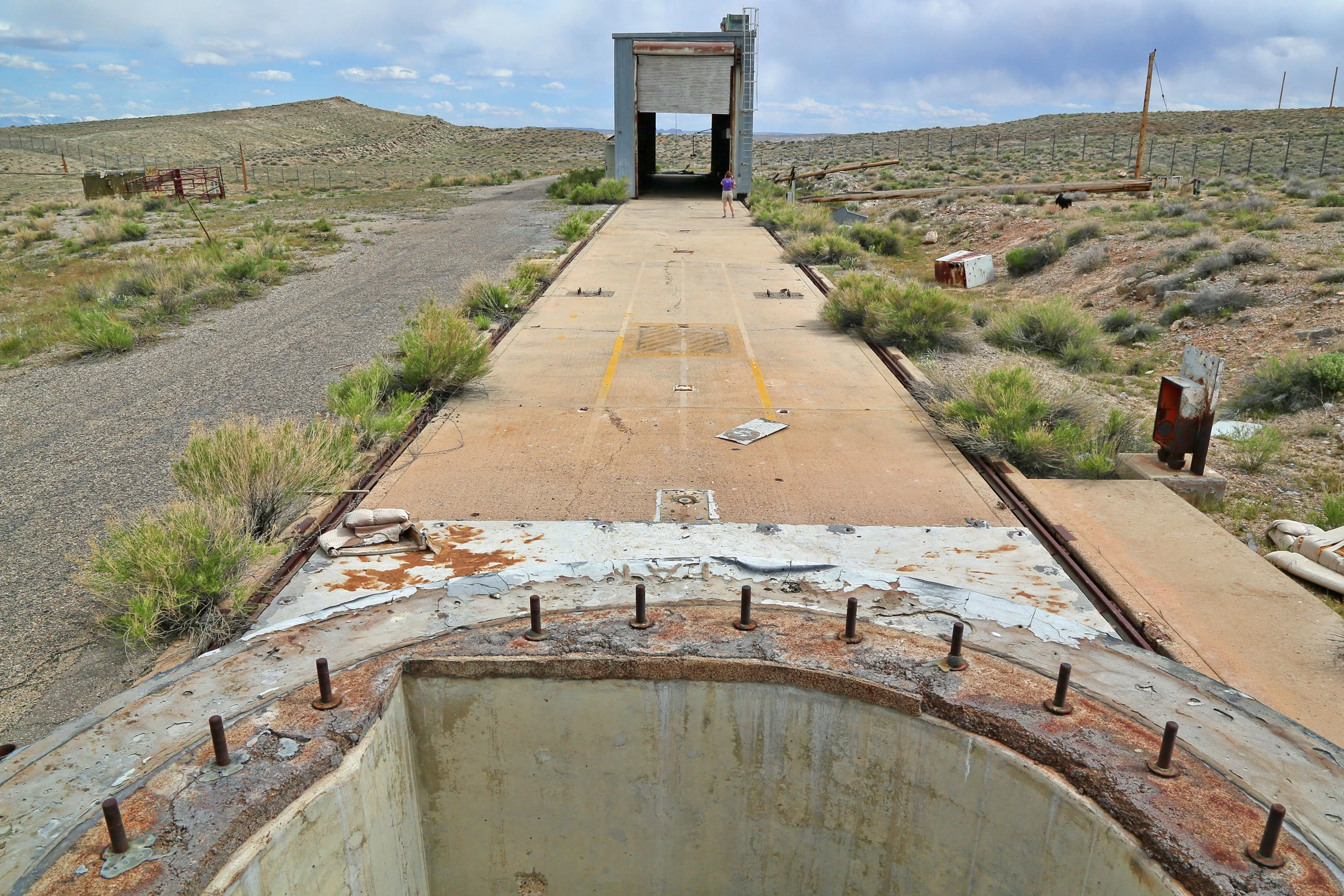 One of three Athena missile launch stands, with the rolling support structure in the rolled-back position.