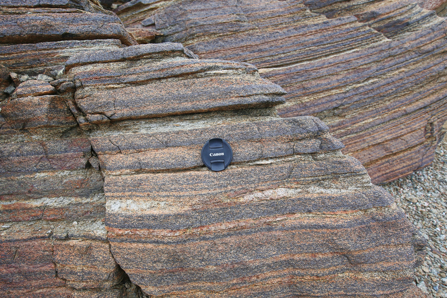 Close up of “sedimentary” beds of mafic crystals that settled from suspension in a cooling magma chamber, 55 Ma.