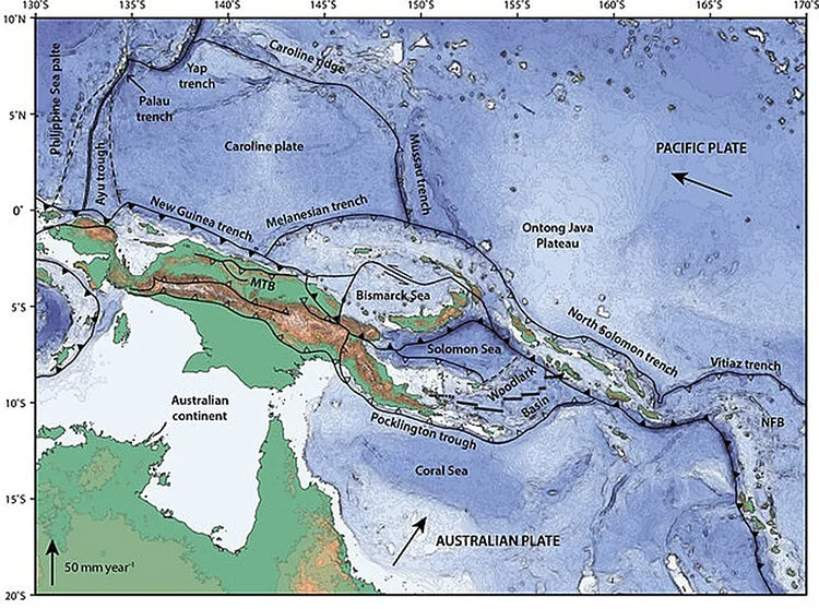 Microplates in convergent boundary between Australian and Pacific Plates. From Holm, RJ et al., 2016, Post 8 Ma reconstruction of Papua New Guinea and Solomon Islands: Earth-Science Reviews.