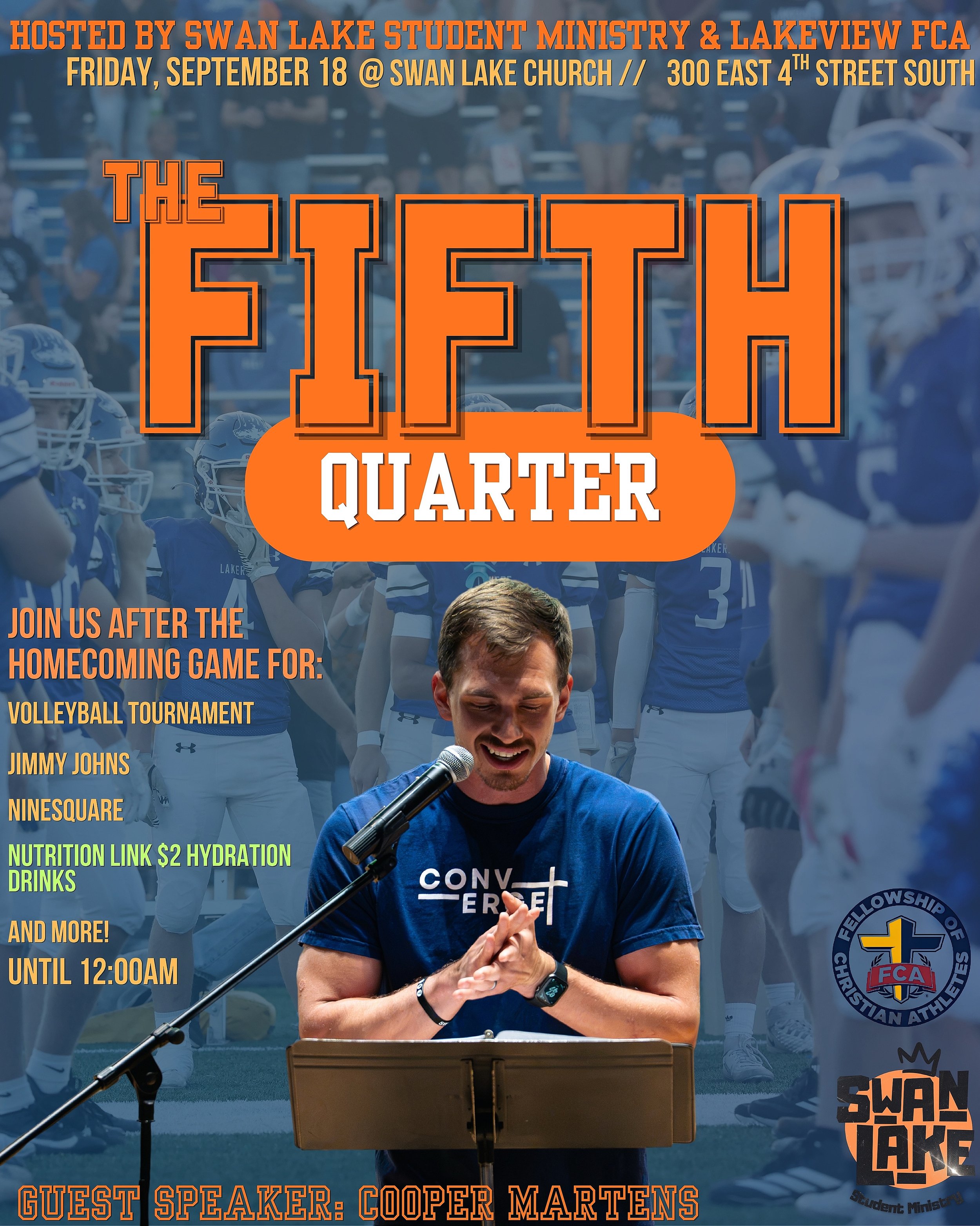 Fifth Quarter is THIS FRIDAY after the homecoming game! 

We hope you&rsquo;ll join us for post game food, a volleyball tournament, fun games, $2 nutrition link drinks, and a message from Cooper Martens (a campus missionary at SMSU)!

Grab some frien