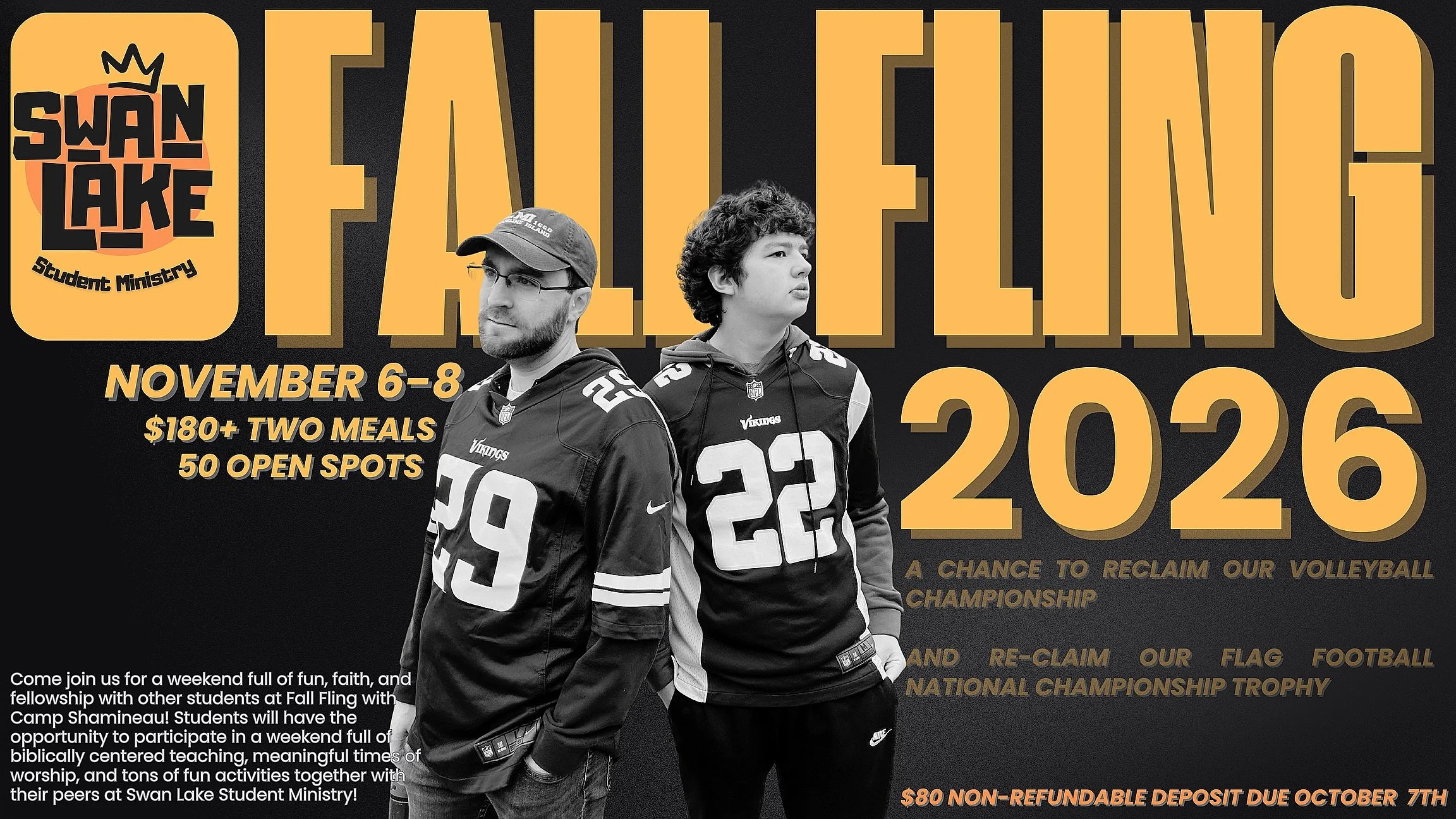 Fall Fling is BACK!!! And we are attending November 6-8th this year! Join us for a weekend full of faith, deep dives into the Word of God, times of worship, and lots of competitive sports and fun activities! The total cost is $180+ Money for two meal