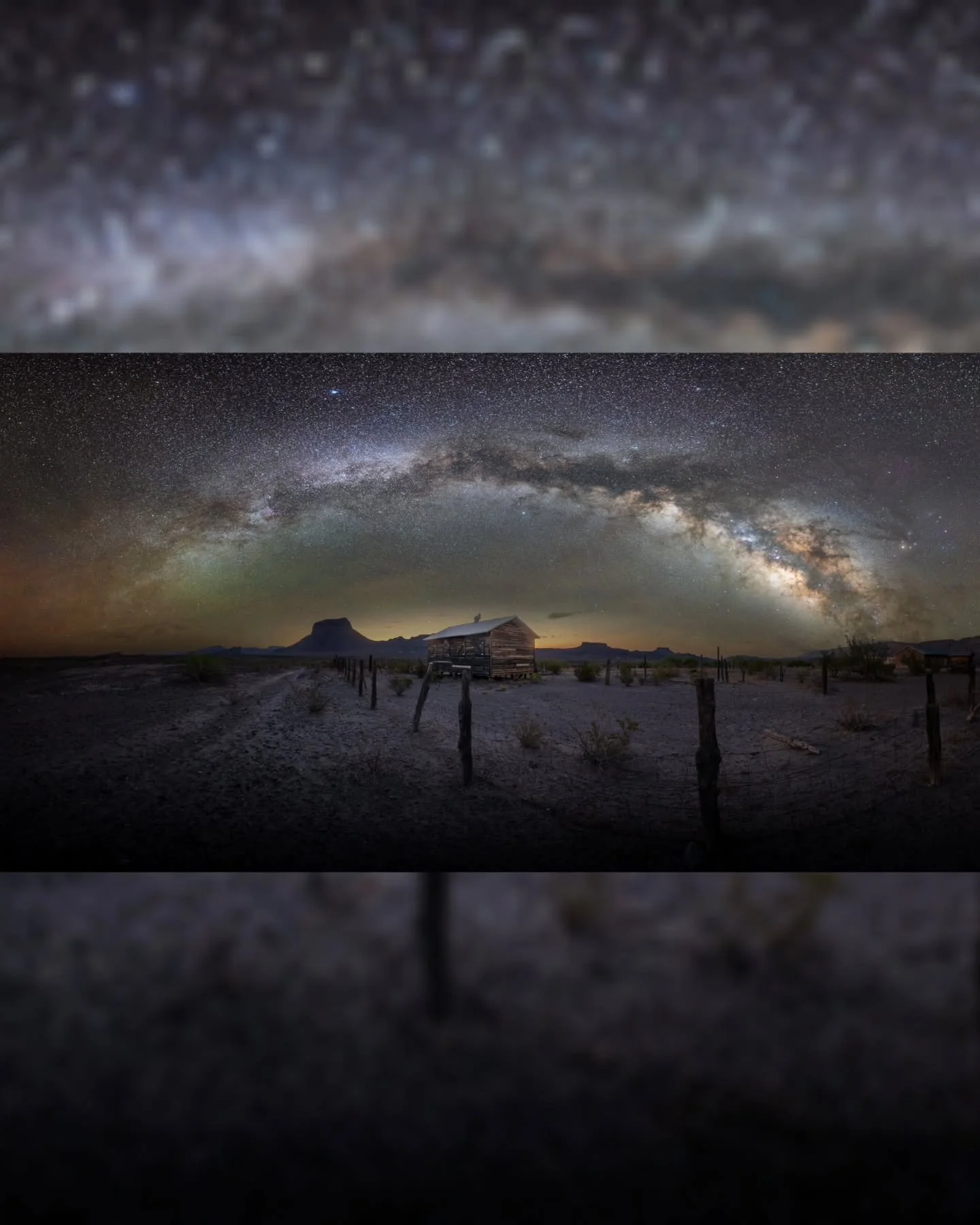 An old army outpost wooden building along the Rio Grande.  Big Bend National Park. A milky way panorama taken 04/14/26