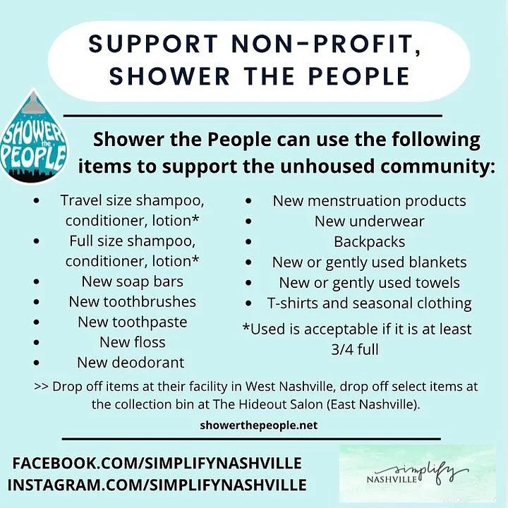 💧SHOWER THE PEOPLE 💧

💧We are happy to team with @showerthepeoplenashville and @simplifynashville to provide a donation box for Shower The People this holiday season. 

💧Shower The People provides showers, hygiene items and clean laundry to those