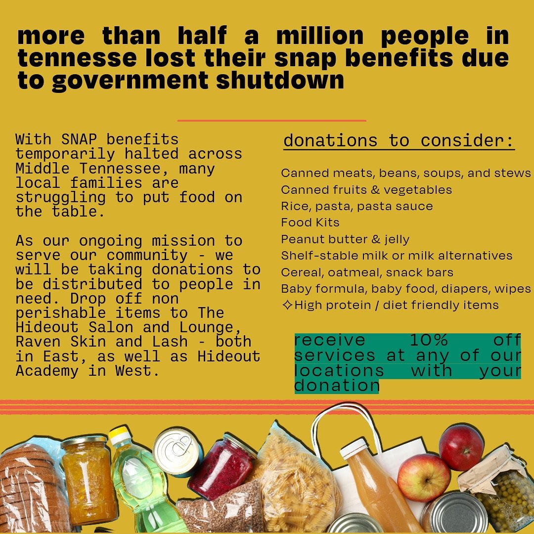 ‼️More than half a million Tennesseans lost their SNAP benefits due to the government shutdown &mdash; and many families are struggling to keep food on the table.

We&rsquo;re stepping up to help. 🫶 Bring non-perishable food items to any of our loca