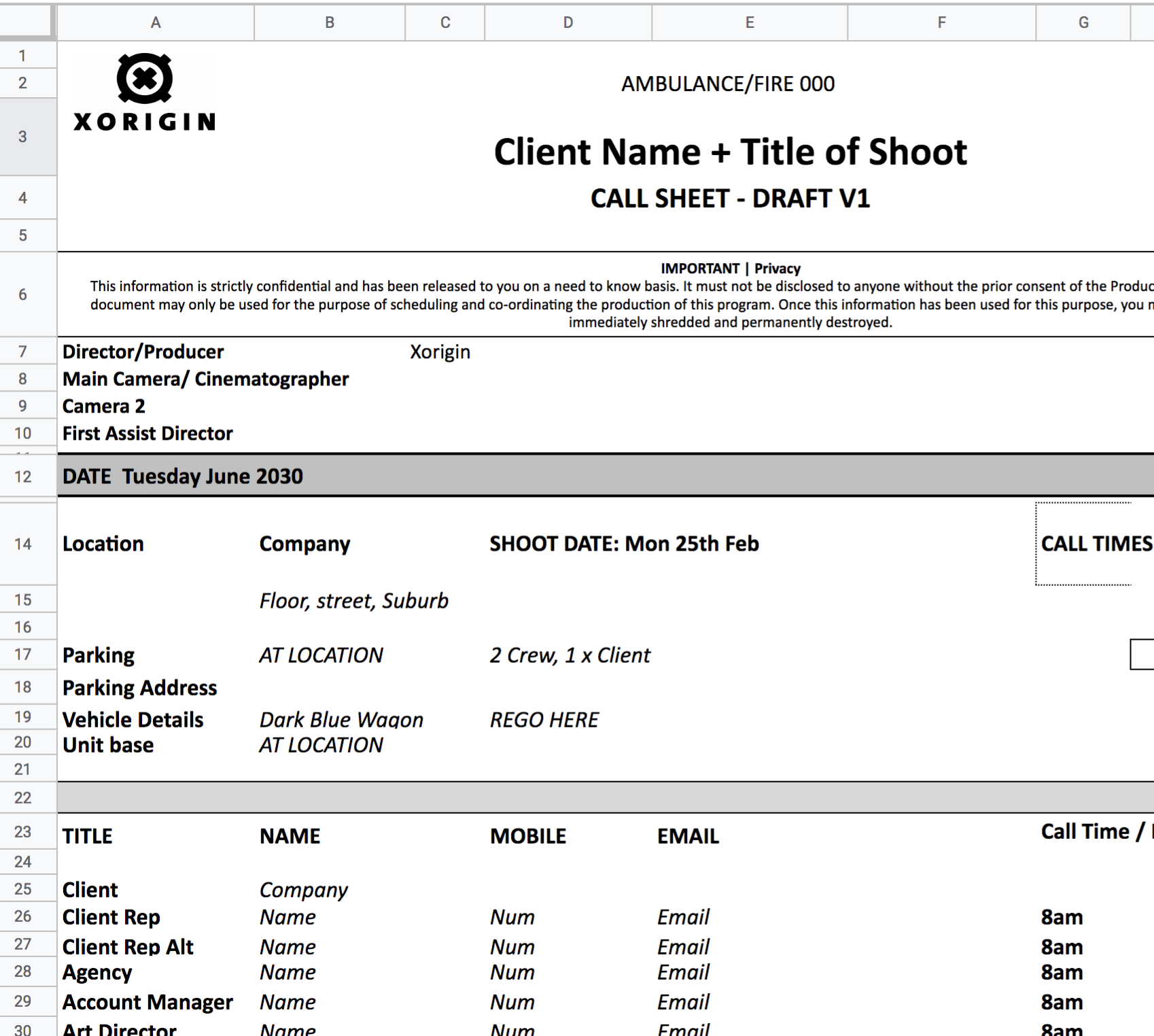 Template - Call Sheet