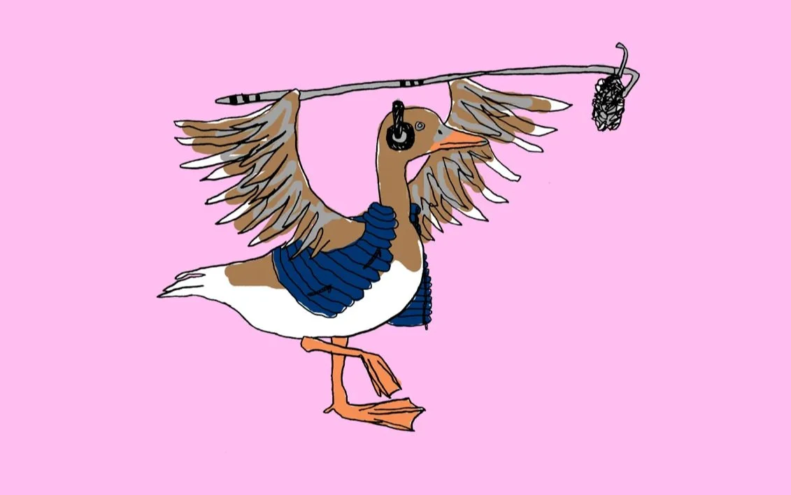Illustration of a goose wearing headphones and a blue sweater, standing on one leg, holding a stick with a pinecone hanging from it, set against a pink background.