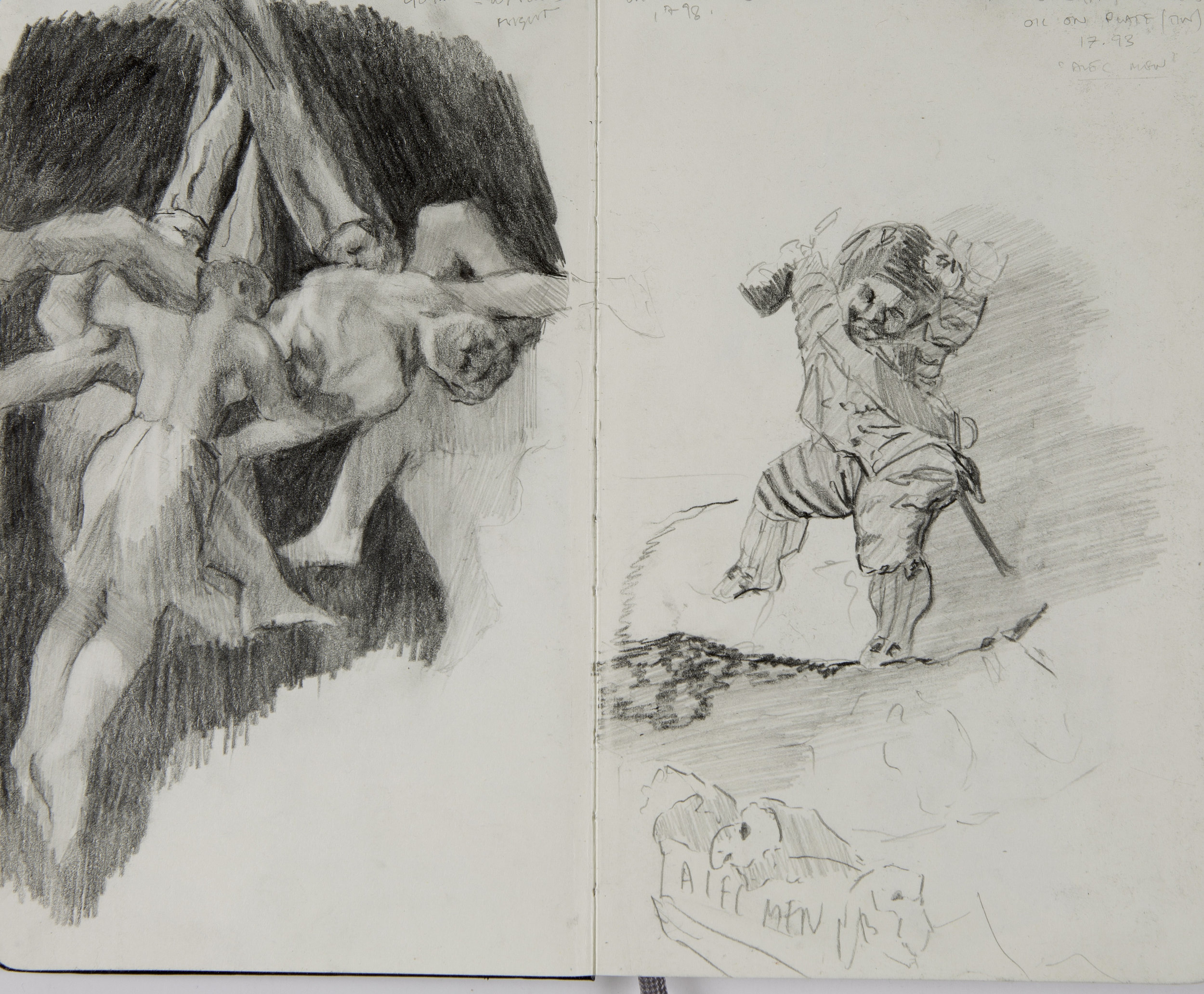 Sketchbook  studies, after 'Witches Flight,' 1798, 'Strolling Players Art Musique,' Francisco de Goya