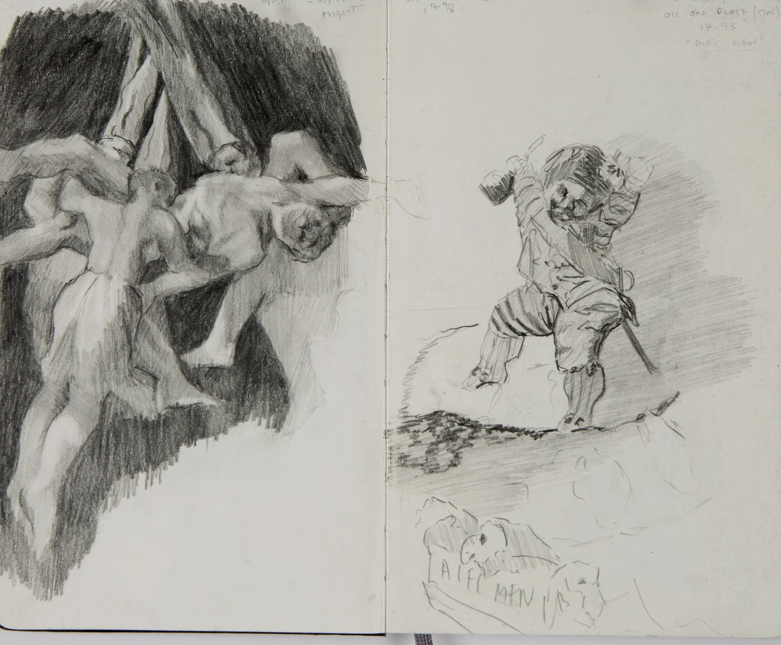 Sketchbook studies, after 'Witches Flight,' 1798, 'Strolling Players Art Musique,' Francisco de Goya