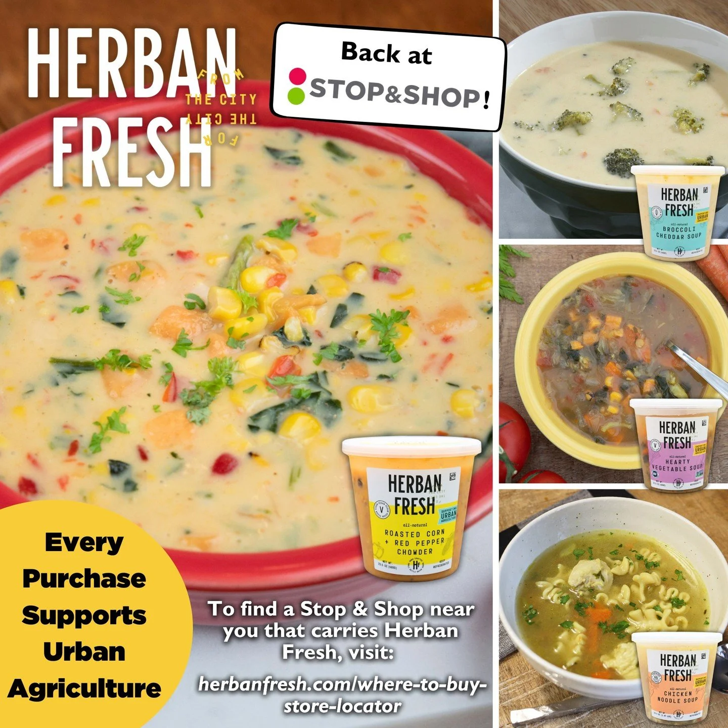 Herban Fresh soups are BACK on the shelves at your local @stopandshop ! Come down to try any one of our delicious flavors including, Roasted Corn &amp; Red Pepper Chowder, Hearty Vegetable, Chicken Noodle and Broccoli Cheddar. Every purchase of Herba